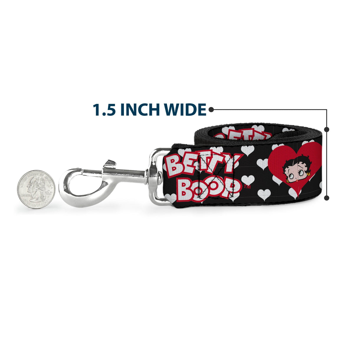 Dog Leash - BETTY BOOP Face and Text Hearts Black/White/Red - HT Animal Supply