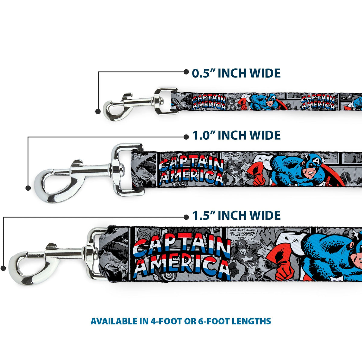 Dog Leash - CAPTAIN AMERICA 2-Poses/Comic Blocks Grays/Red/White/Blue 