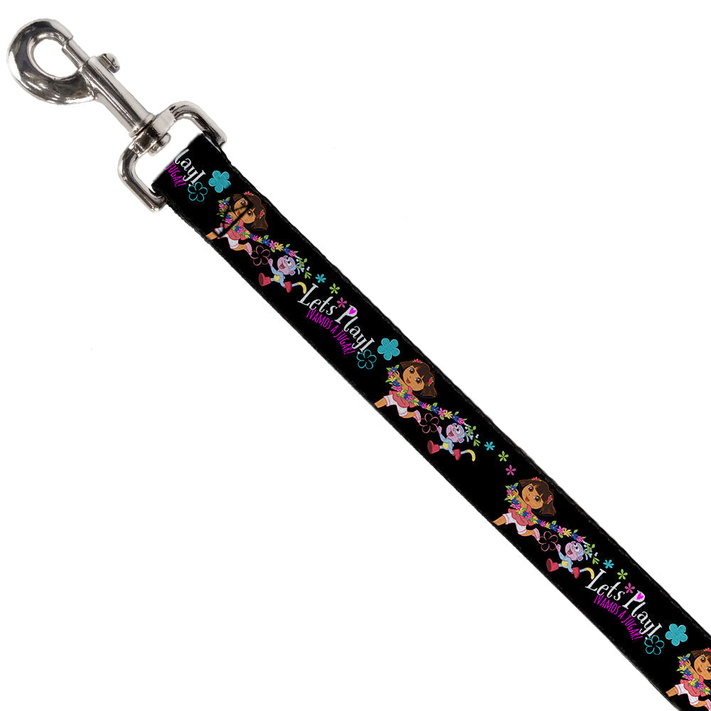 Dog Leash - Dora & Boots Pose/Floral LETS PLAY!/VAMOS A JUGAR! Black/White/Multi Color