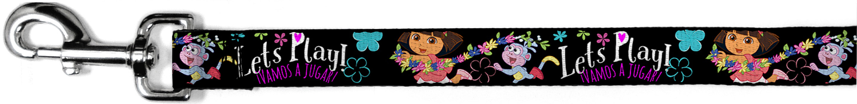 Dog Leash - Dora & Boots Pose/Floral LETS PLAY!/VAMOS A JUGAR! Black/White/Multi Color