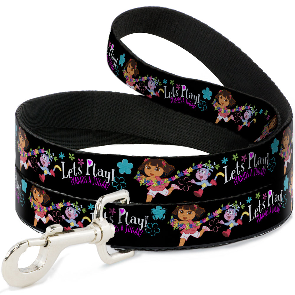Dog Leash - Dora & Boots Pose/Floral LETS PLAY!/VAMOS A JUGAR! Black/White/Multi Color
