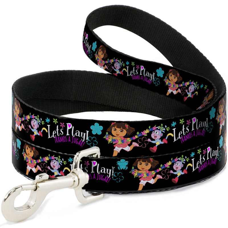 Dog Leash - Dora & Boots Pose/Floral LETS PLAY!/VAMOS A JUGAR! Black/White/Multi Color