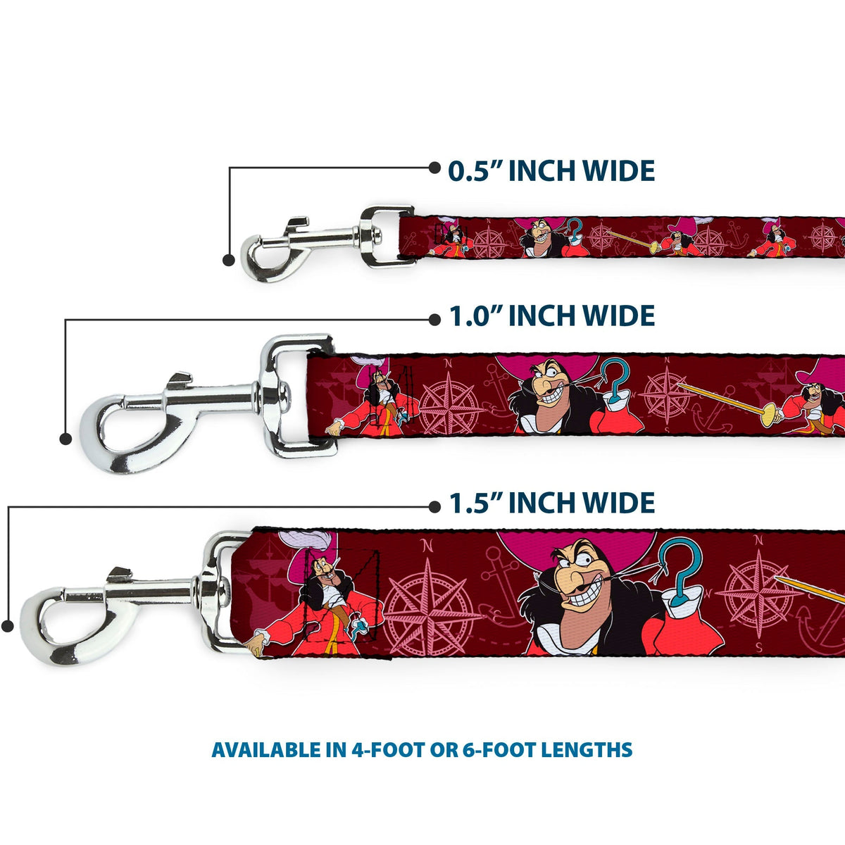 Dog Leash - Captain Hook Poses/Nautical Elements Burgundy 