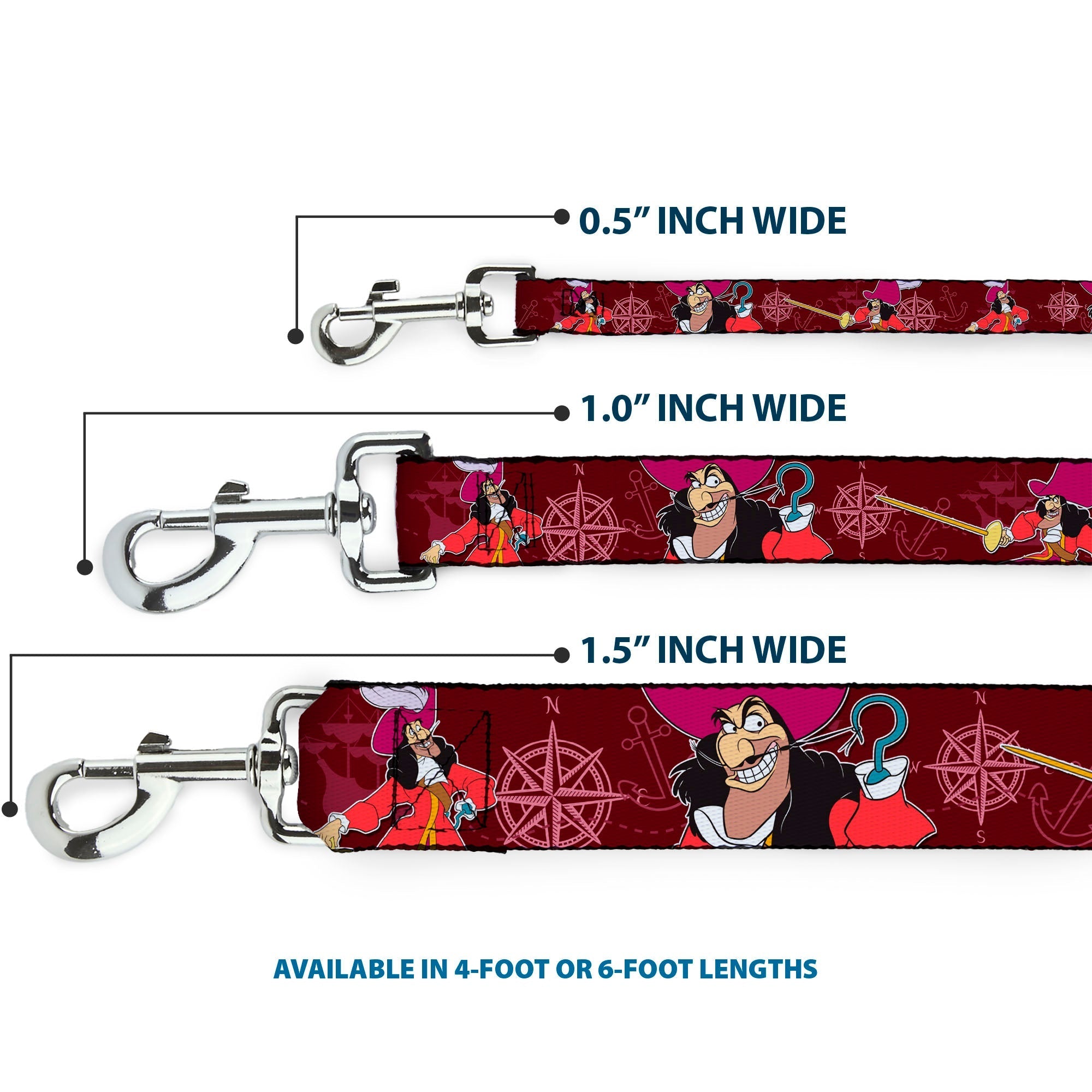 Dog Leash - Captain Hook Poses/Nautical Elements Burgundy 