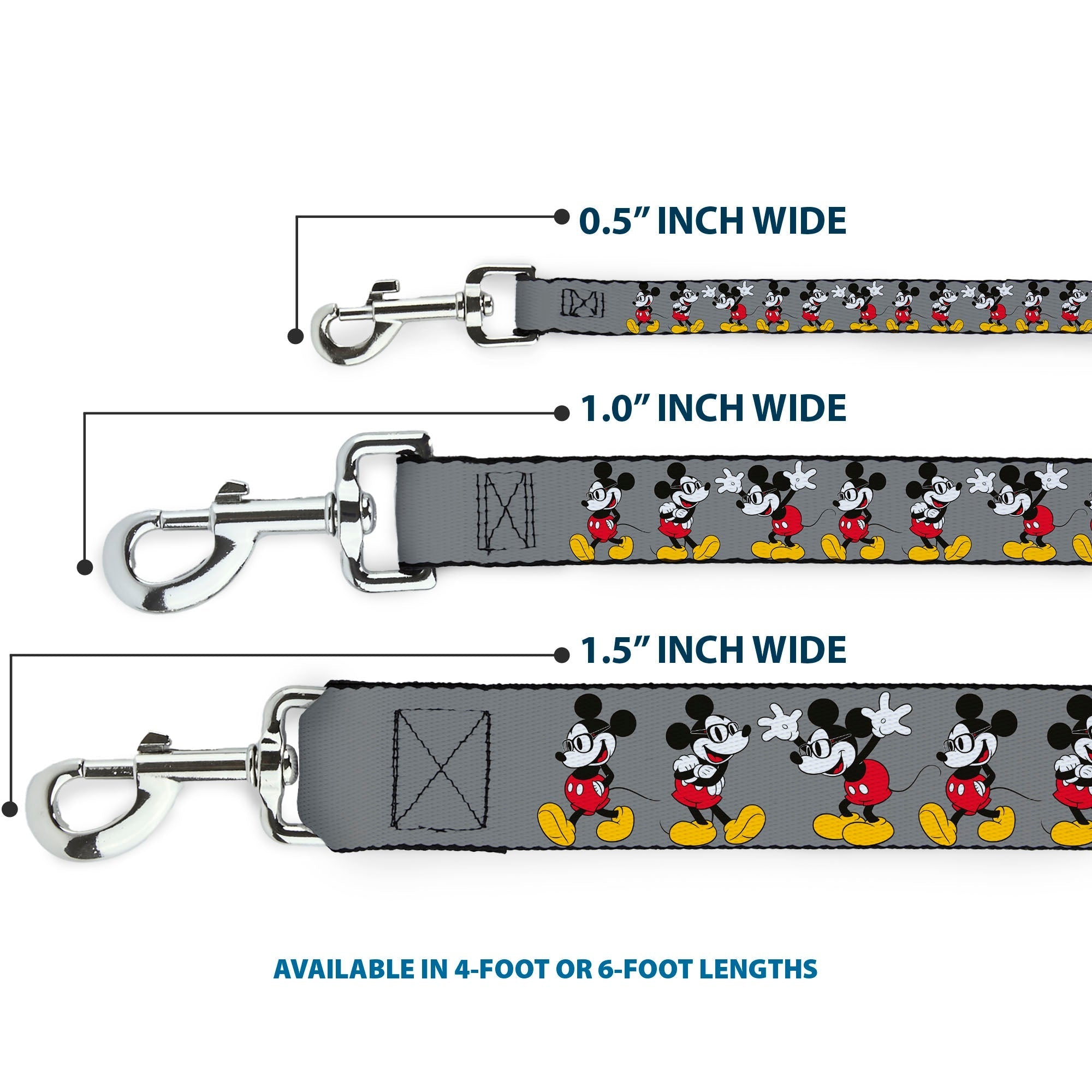 Dog Leash - Mickey Mouse w/Glasses Poses Gray 