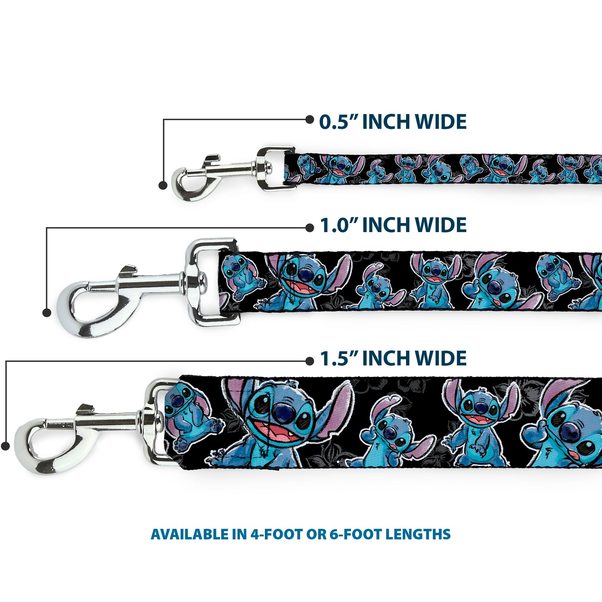 Dog Leash - Stitch Poses/Hibiscus Sketch Black/Gray/Blue 