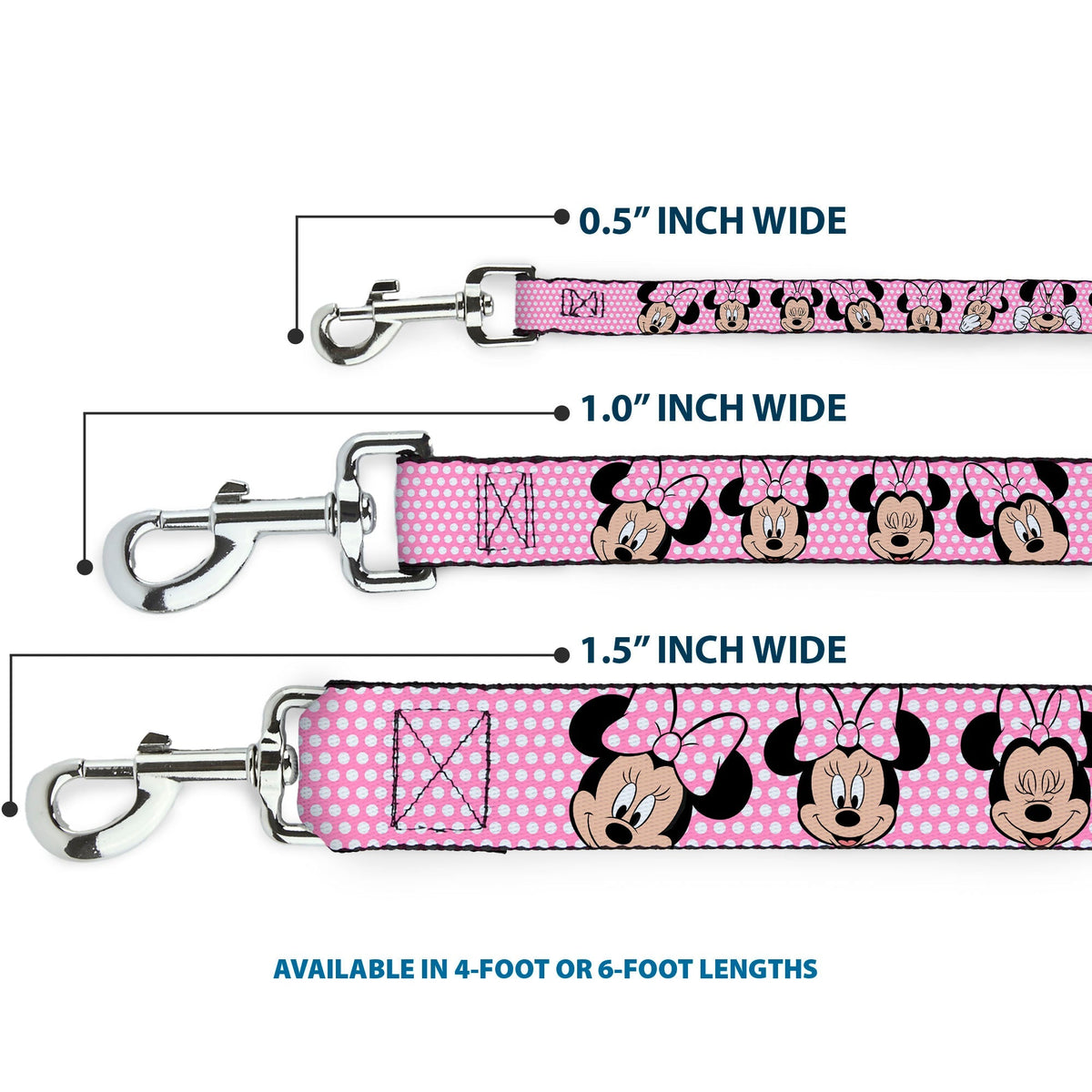 Dog Leash - Minnie Mouse Expressions Polka Dot Pink/White 