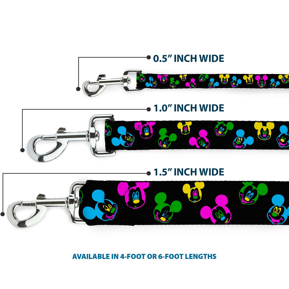 Dog Leash - Mickey Mouse Expressions Scattered Black/Multi Neon 