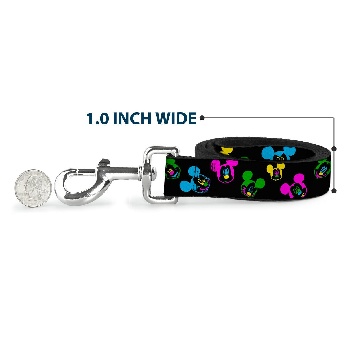 Dog Leash - Mickey Mouse Expressions Scattered Black/Multi Neon 