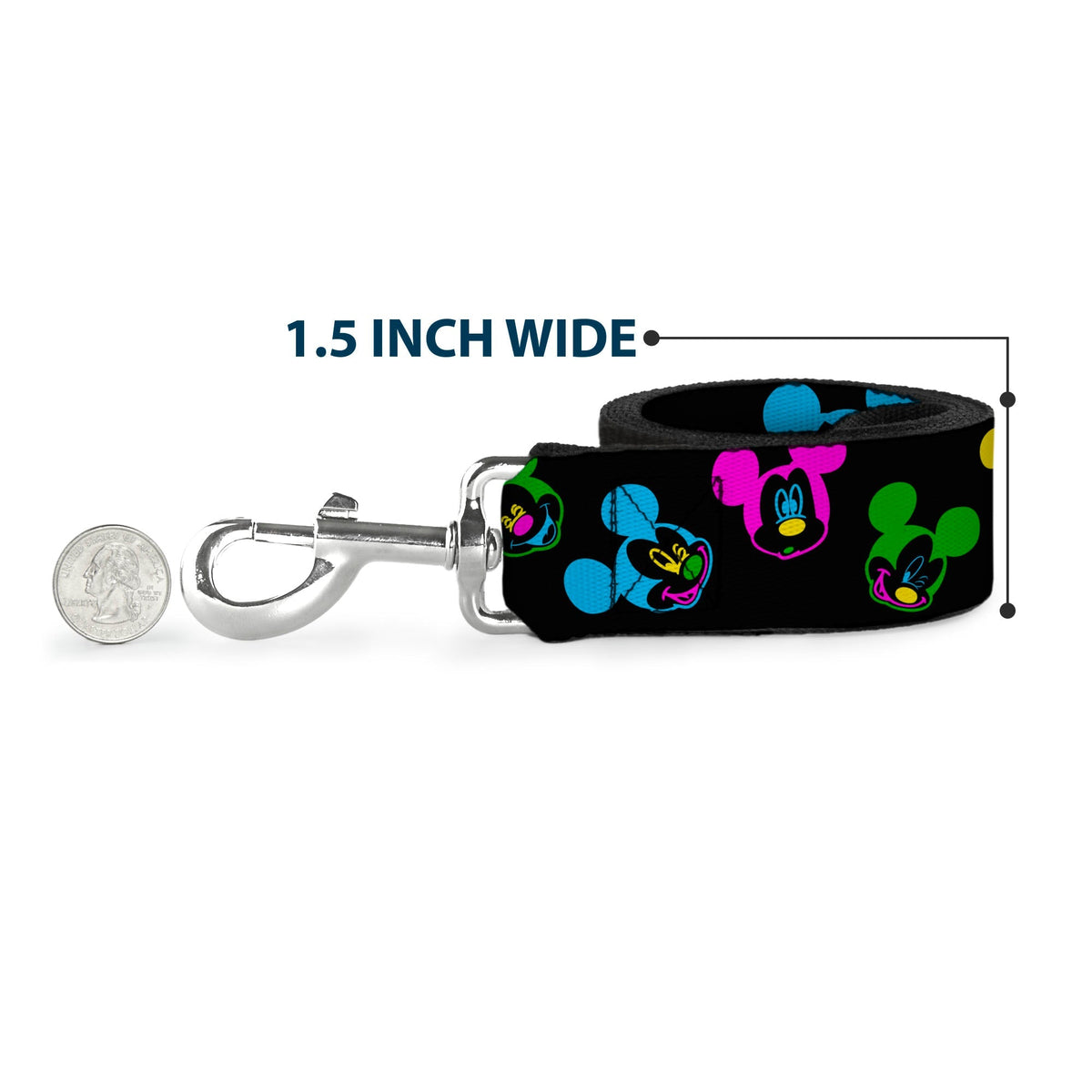 Dog Leash - Mickey Mouse Expressions Scattered Black/Multi Neon 