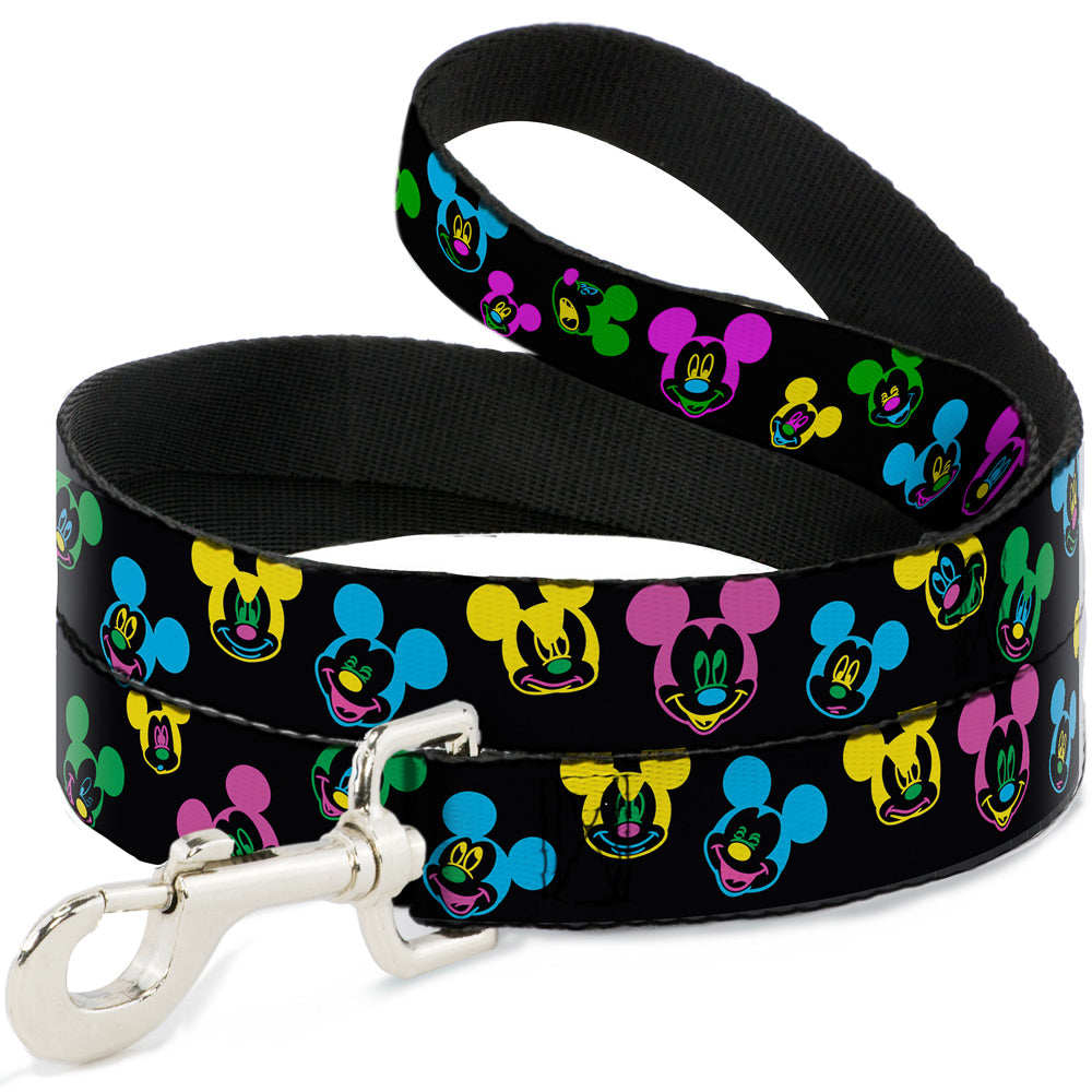 Dog Leash - Mickey Mouse Expressions Scattered Black/Multi Neon 