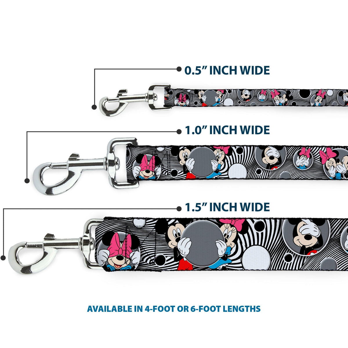 Dog Leash - Mickey & Minnie Peek-a-Boo Expressions Swirl Black/White 