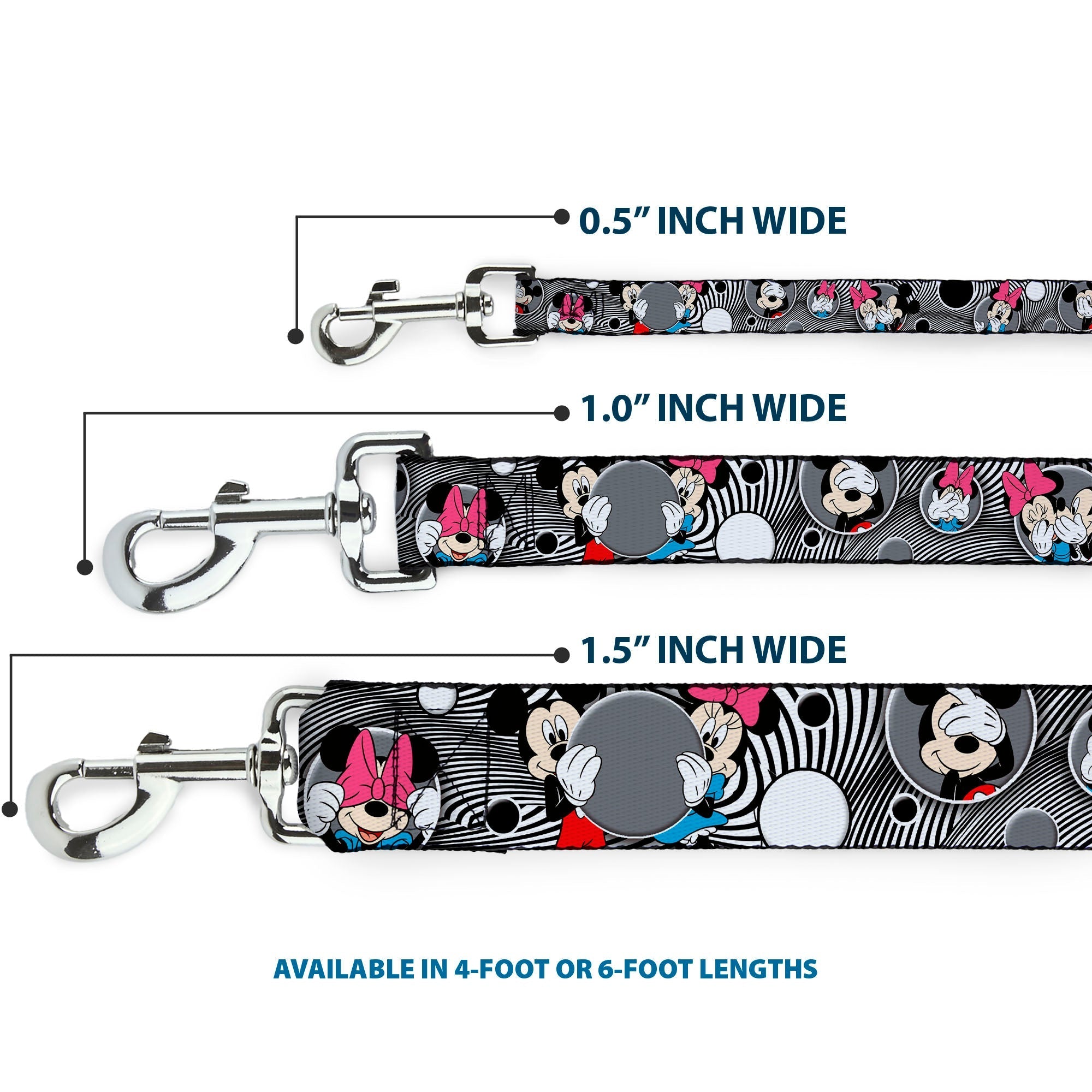 Dog Leash - Mickey & Minnie Peek-a-Boo Expressions Swirl Black/White 