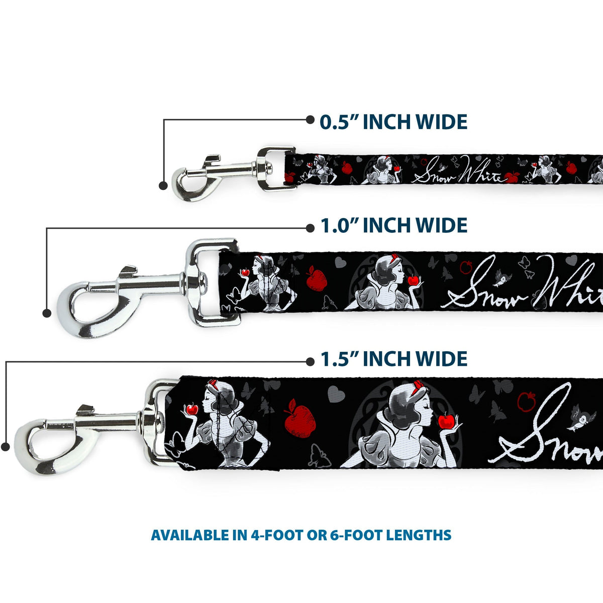 Dog Leash - SNOW WHITE Apple Poses/Butterflies Black/Gray/Red 