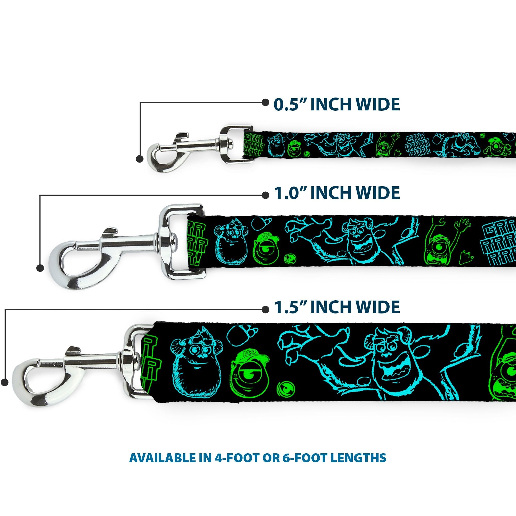 Dog Leash - Monsters Inc. Sully & Mike Poses/GRRRRR! Black/Turquoise/Green 