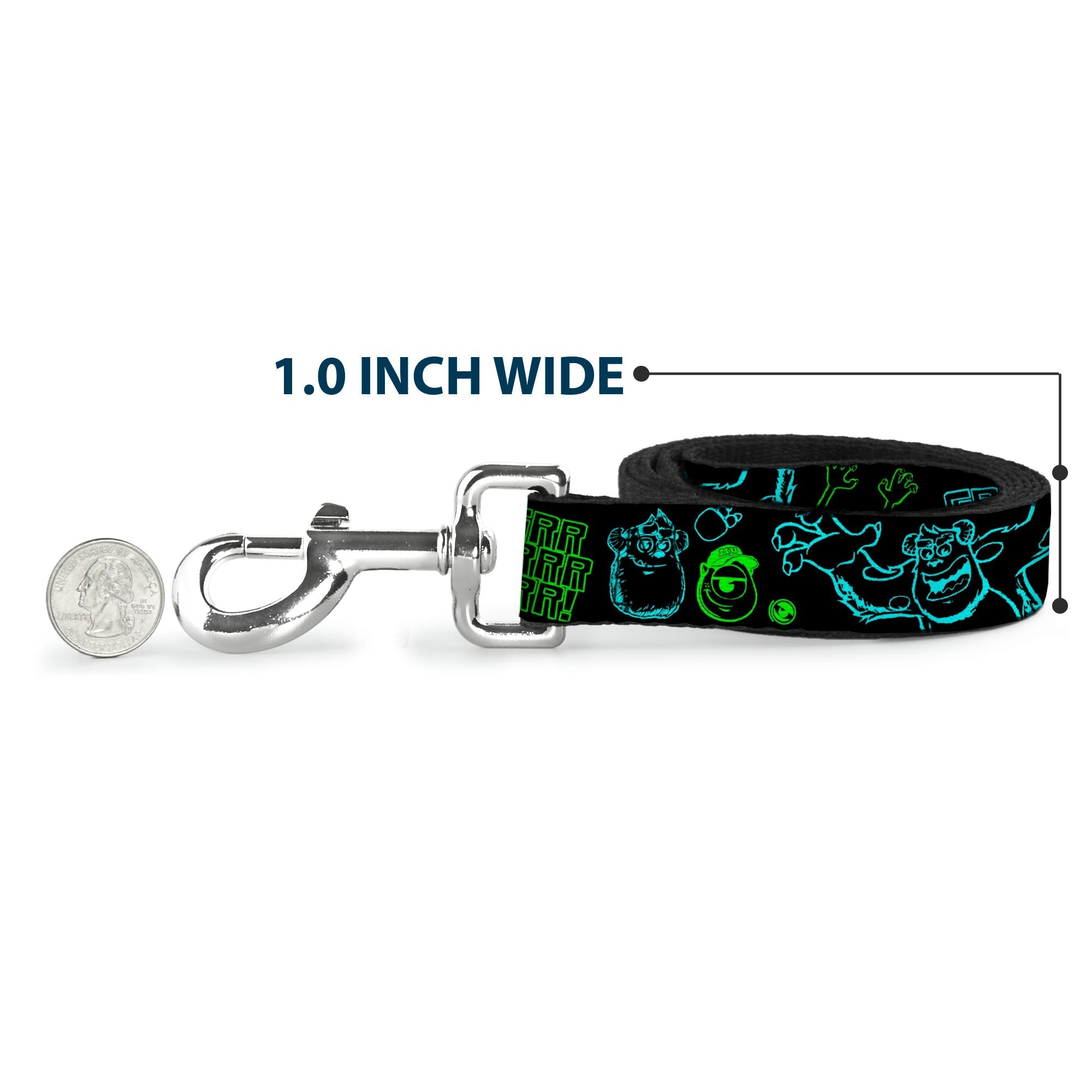 Dog Leash - Monsters Inc. Sully & Mike Poses/GRRRRR! Black/Turquoise/Green 