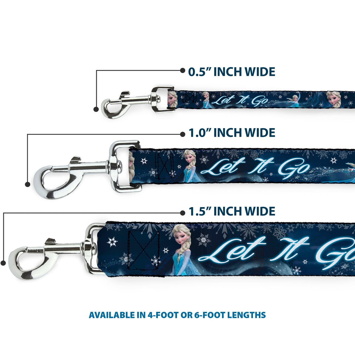 Dog Leash - Elsa the Snow Queen Poses/Snowflakes LET IT GO Blues/White 