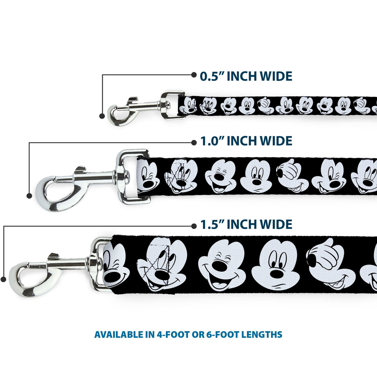 Dog Leash - Mickey Mouse Expressions CLOSE-UP Black/White 