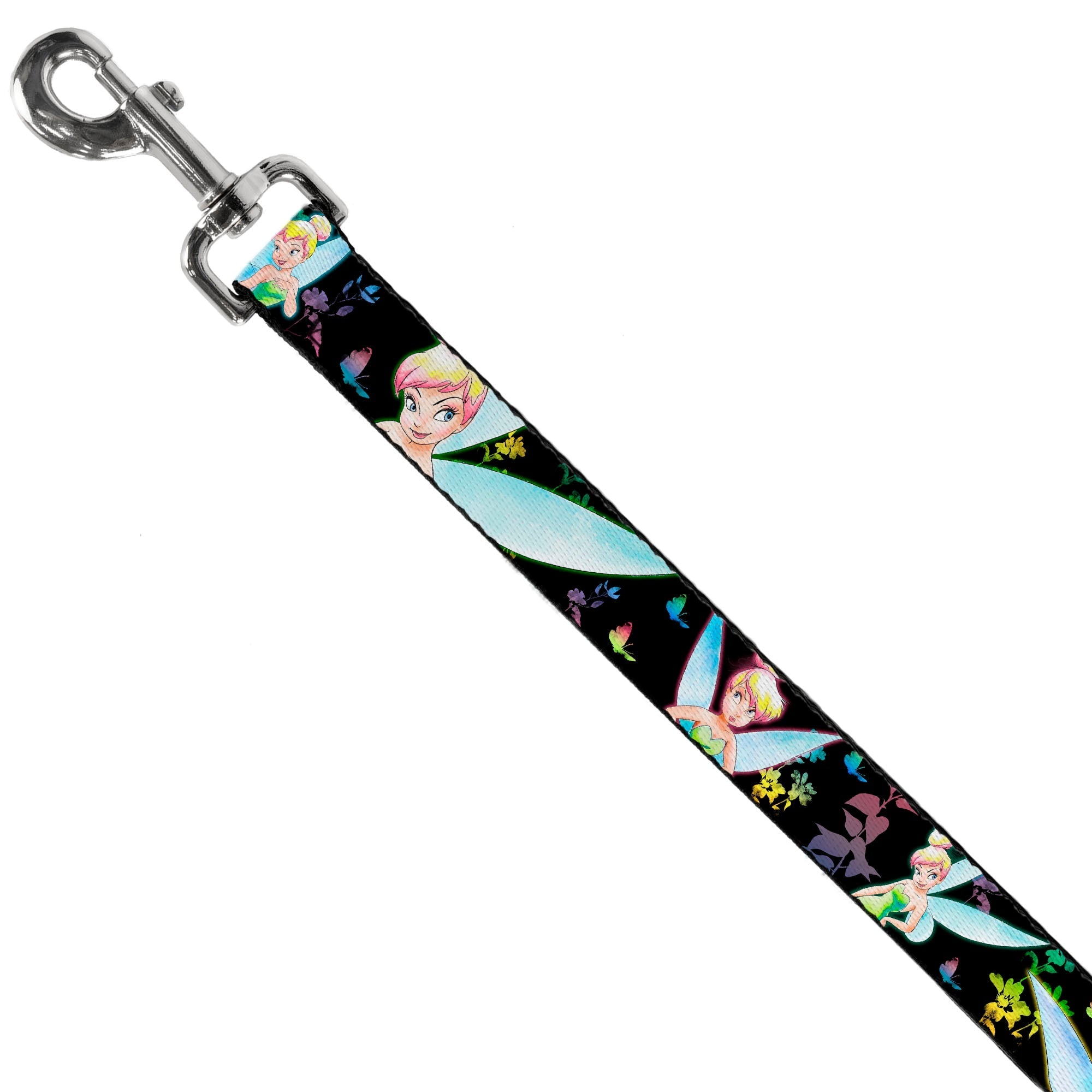 Dog Leash - Glowing Tinker Bell Poses/Butterflies & Flowers Black/Multi Neon 
