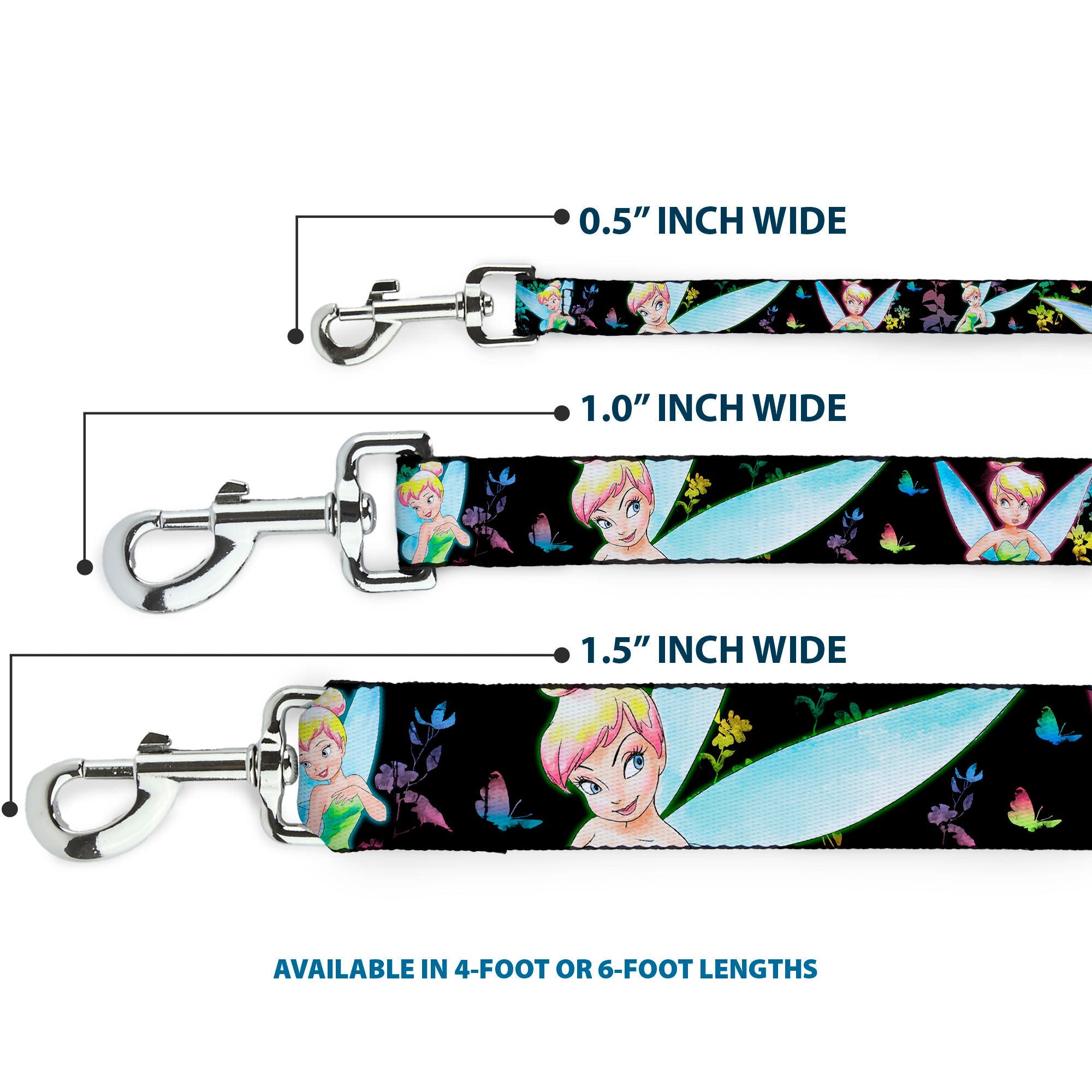 Dog Leash - Glowing Tinker Bell Poses/Butterflies & Flowers Black/Multi Neon