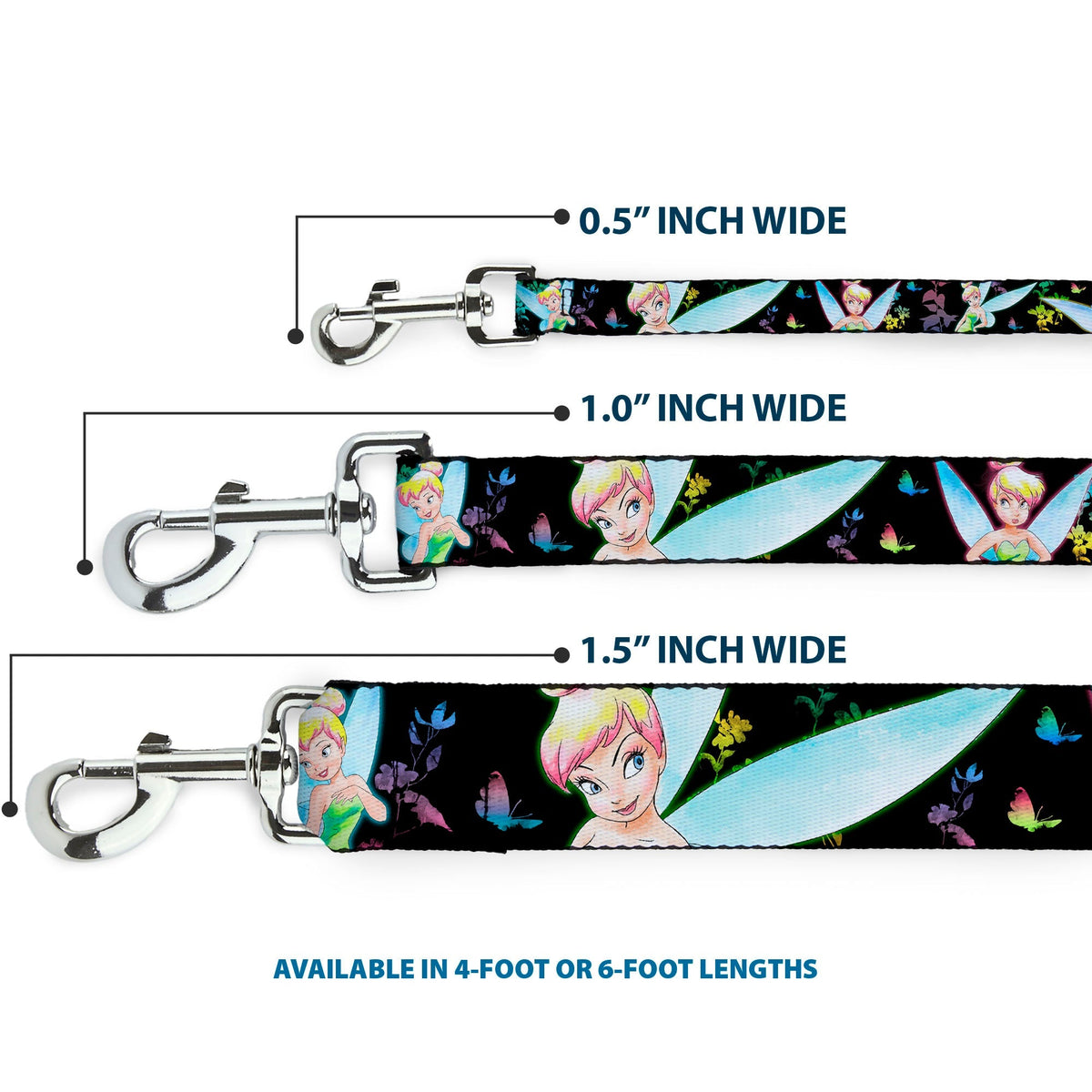 Dog Leash - Glowing Tinker Bell Poses/Butterflies & Flowers Black/Multi Neon 