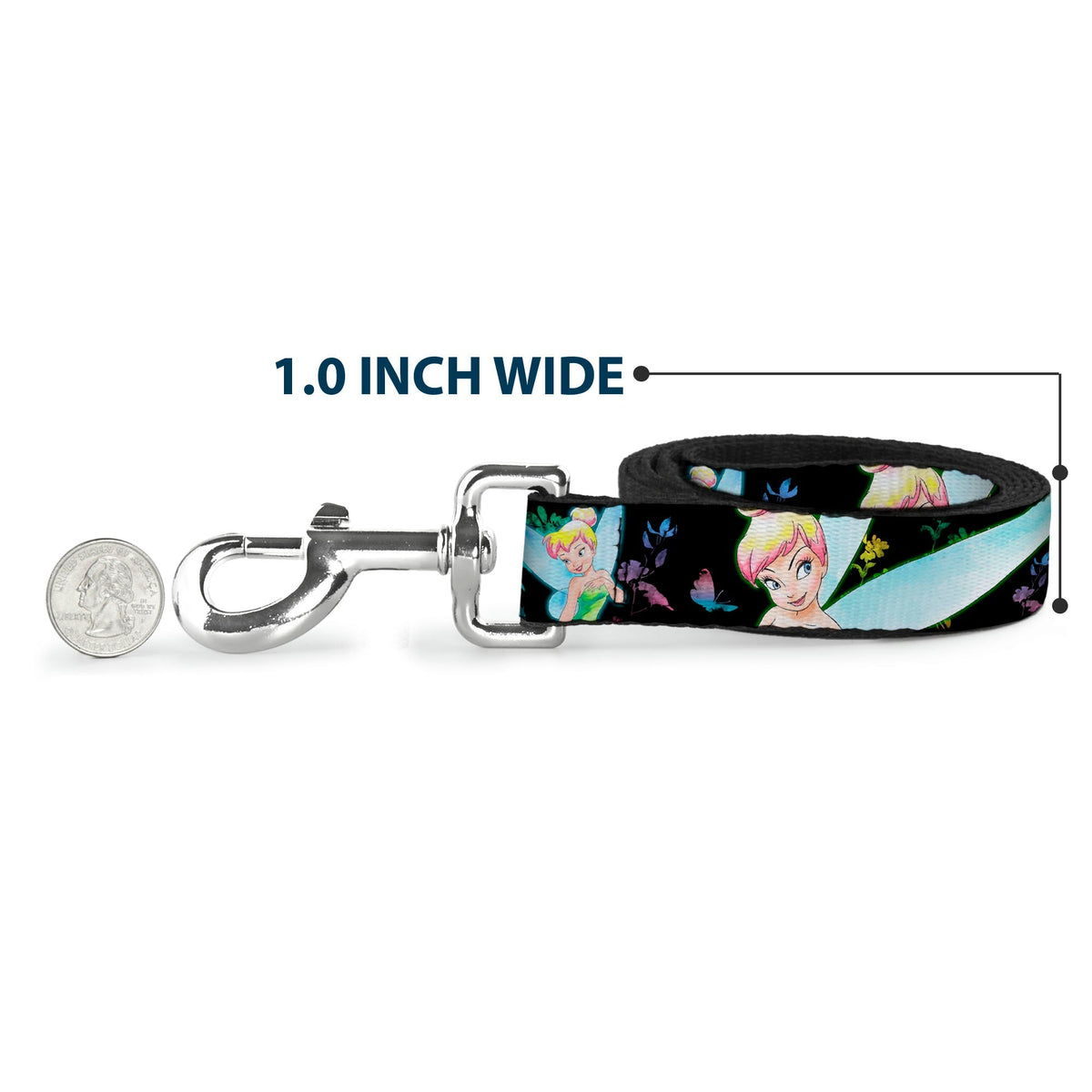 Dog Leash - Glowing Tinker Bell Poses/Butterflies & Flowers Black/Multi Neon 
