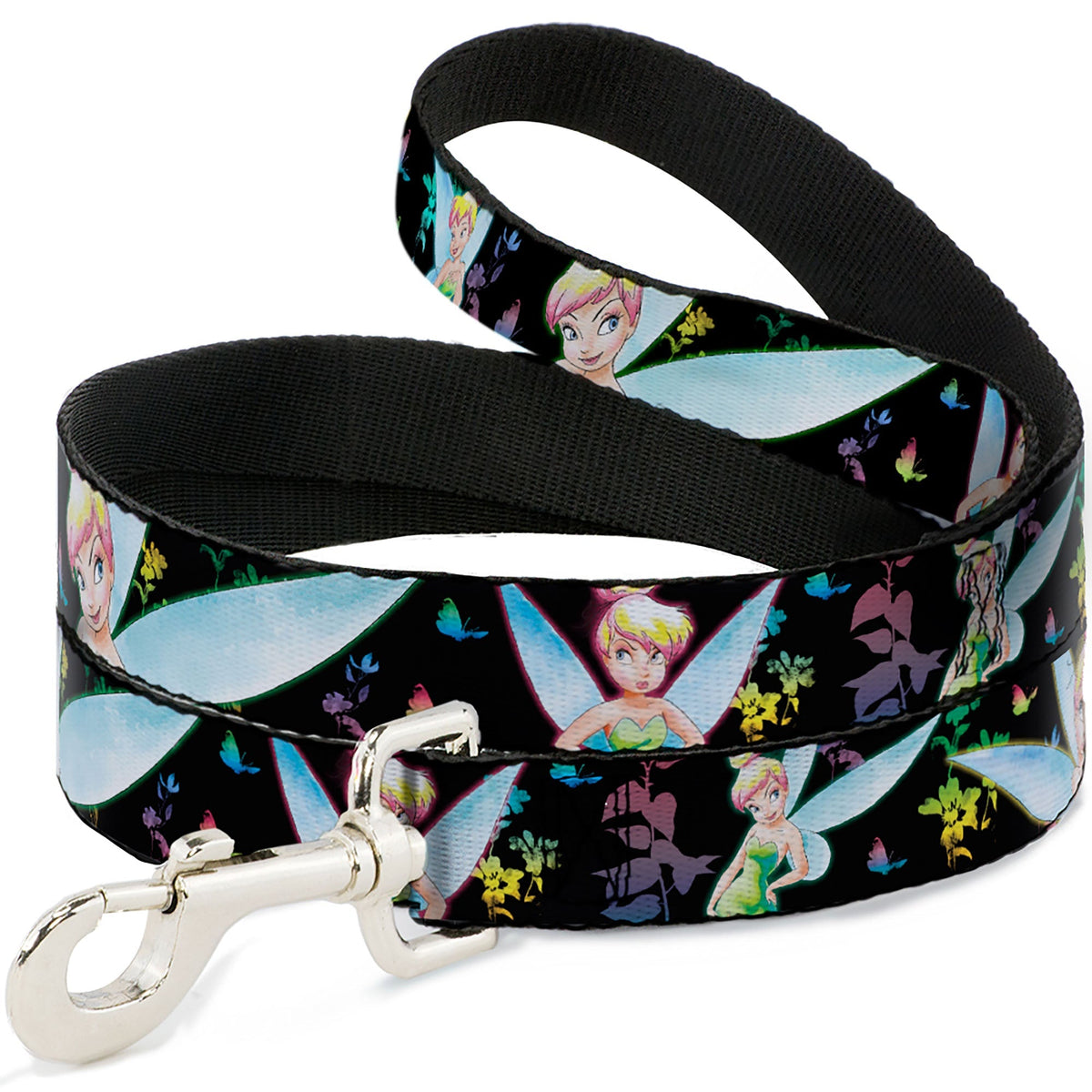 Dog Leash - Glowing Tinker Bell Poses/Butterflies & Flowers Black/Multi Neon 