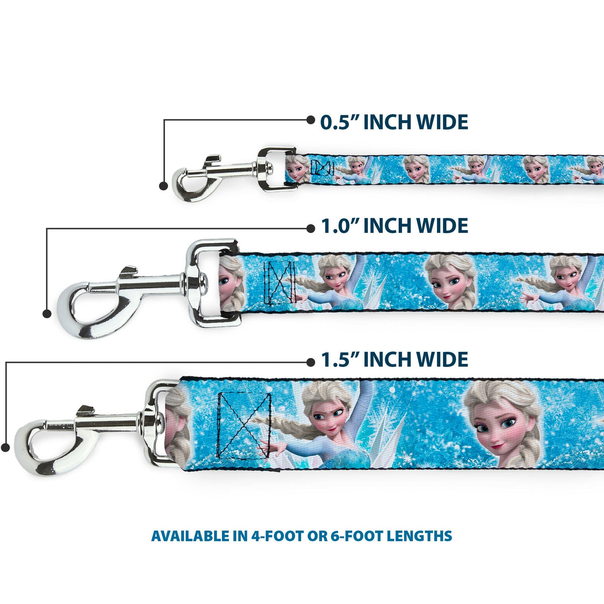 Dog Leash - Frozen Elsa Face/Action Pose/Snowflakes Blues/White 