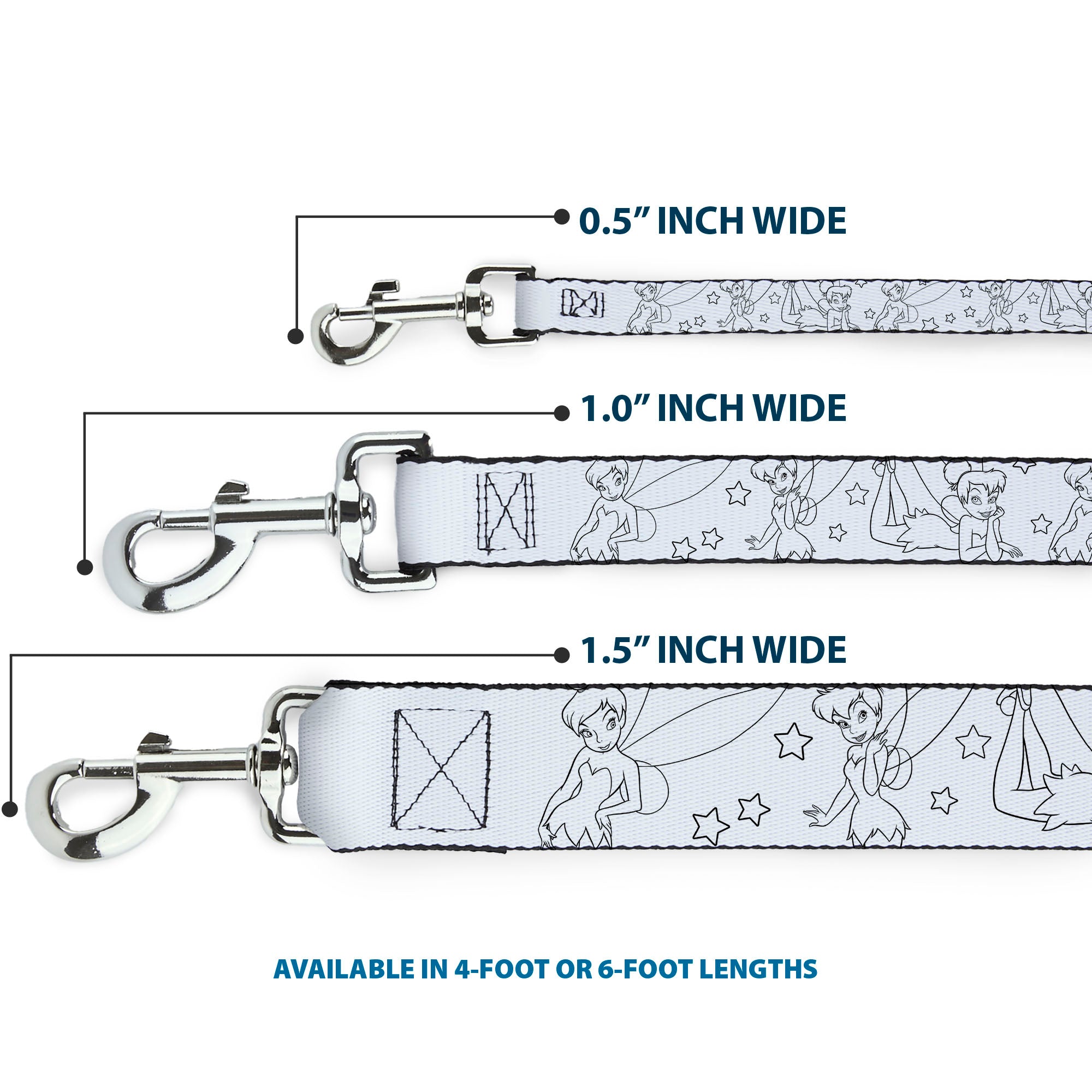 Dog Leash - Tinker Bell Poses/Stars Outline White/Black