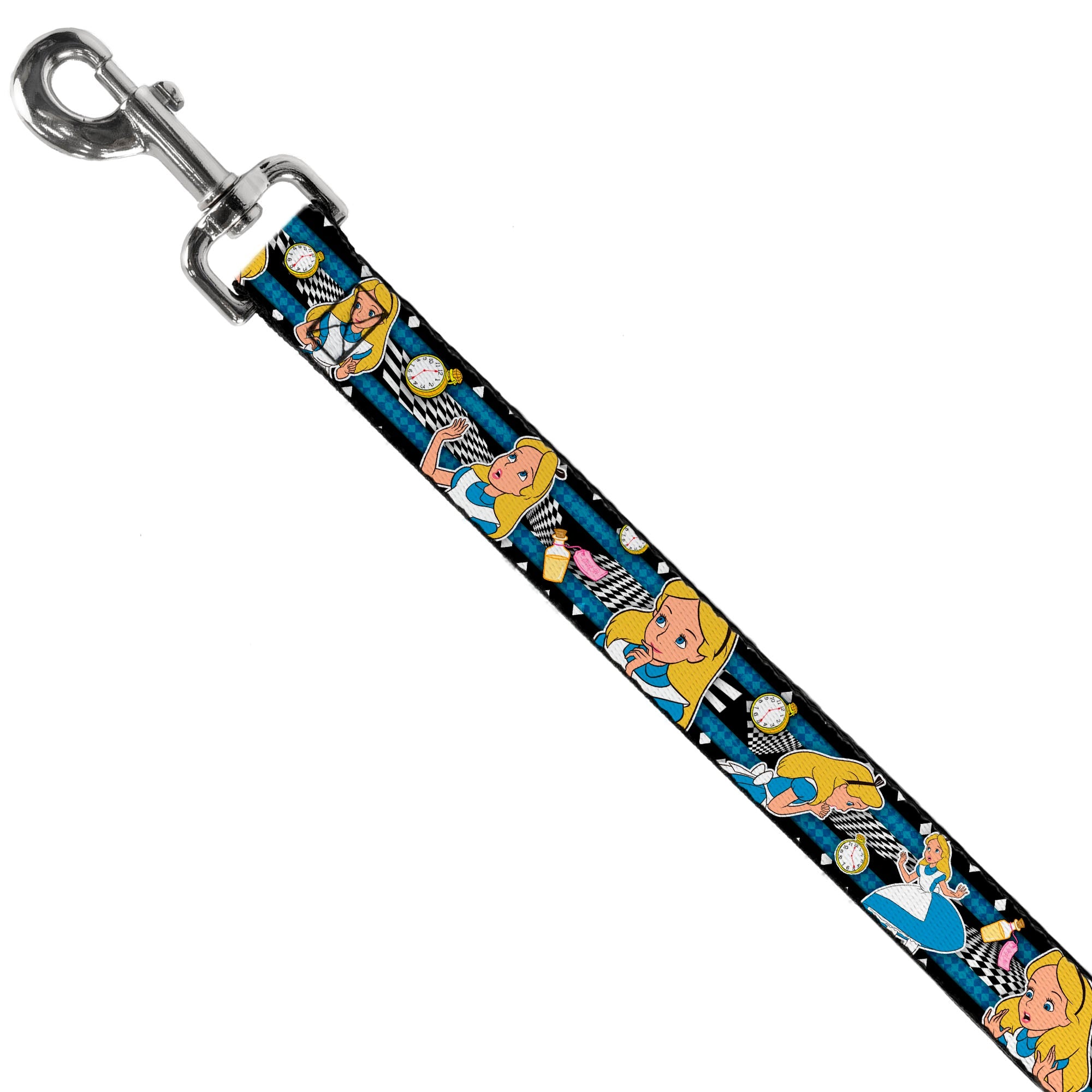 Dog Leash - Alice in Wonderland Poses/Clock/Bottle Diamond/Stripe Black/White/Blues