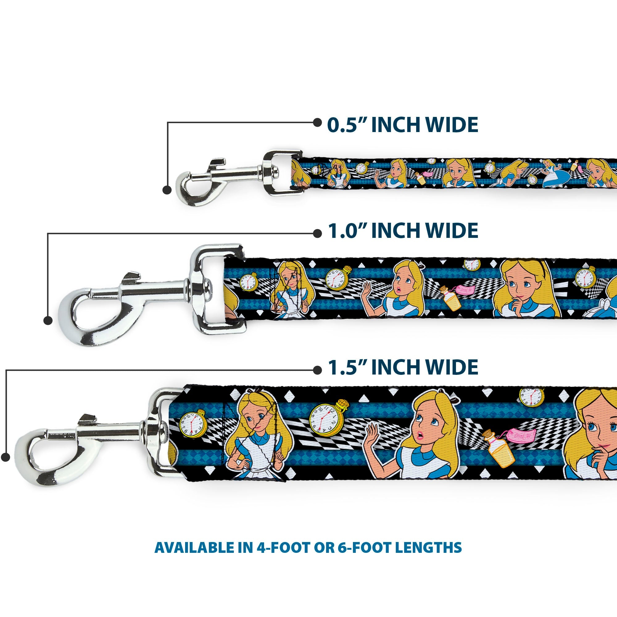 Dog Leash - Alice in Wonderland Poses/Clock/Bottle Diamond/Stripe Black/White/Blues