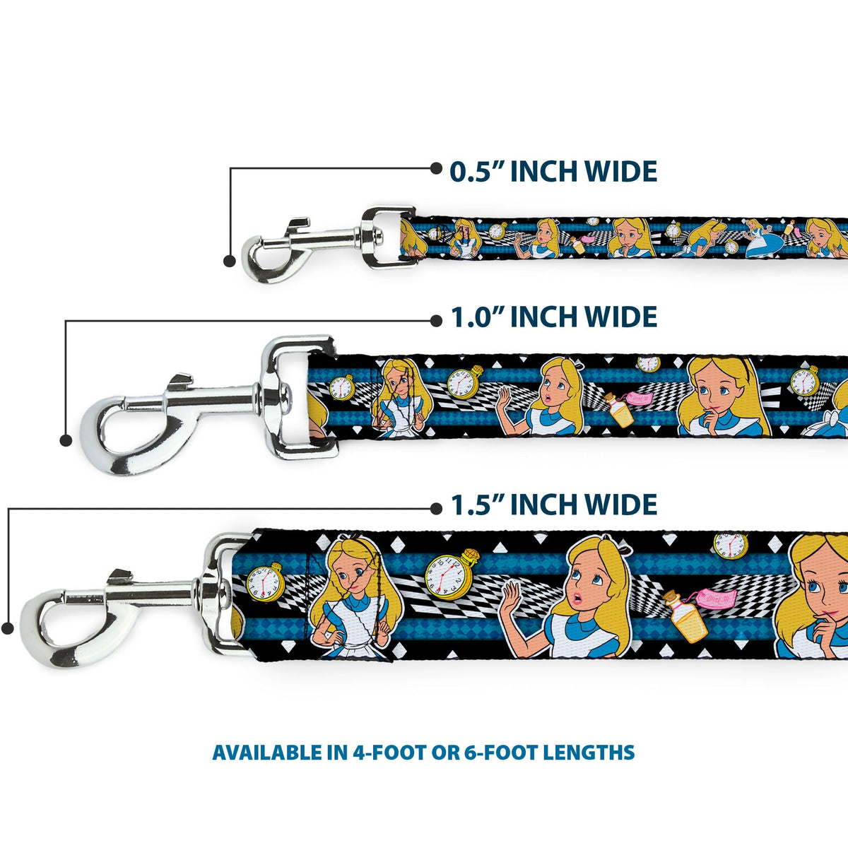 Dog Leash - Alice in Wonderland Poses/Clock/Bottle Diamond/Stripe Black/White/Blues 