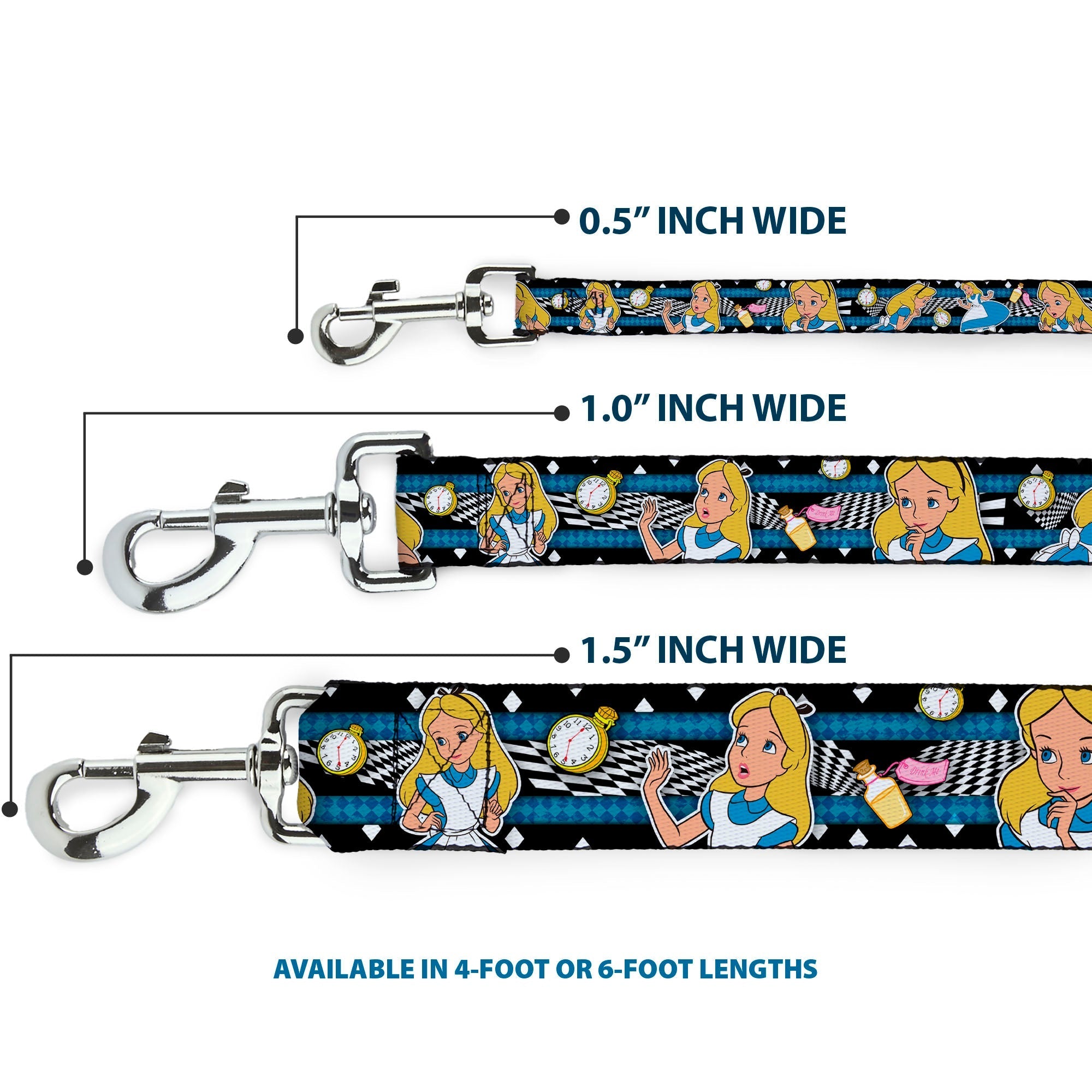 Dog Leash - Alice in Wonderland Poses/Clock/Bottle Diamond/Stripe Black/White/Blues 