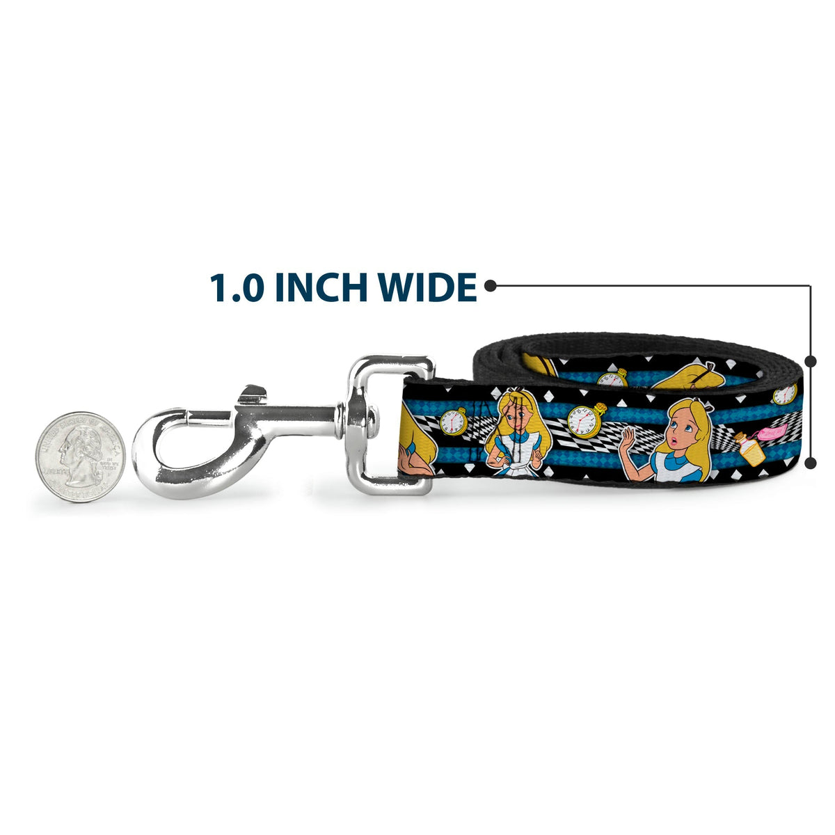Dog Leash - Alice in Wonderland Poses/Clock/Bottle Diamond/Stripe Black/White/Blues 