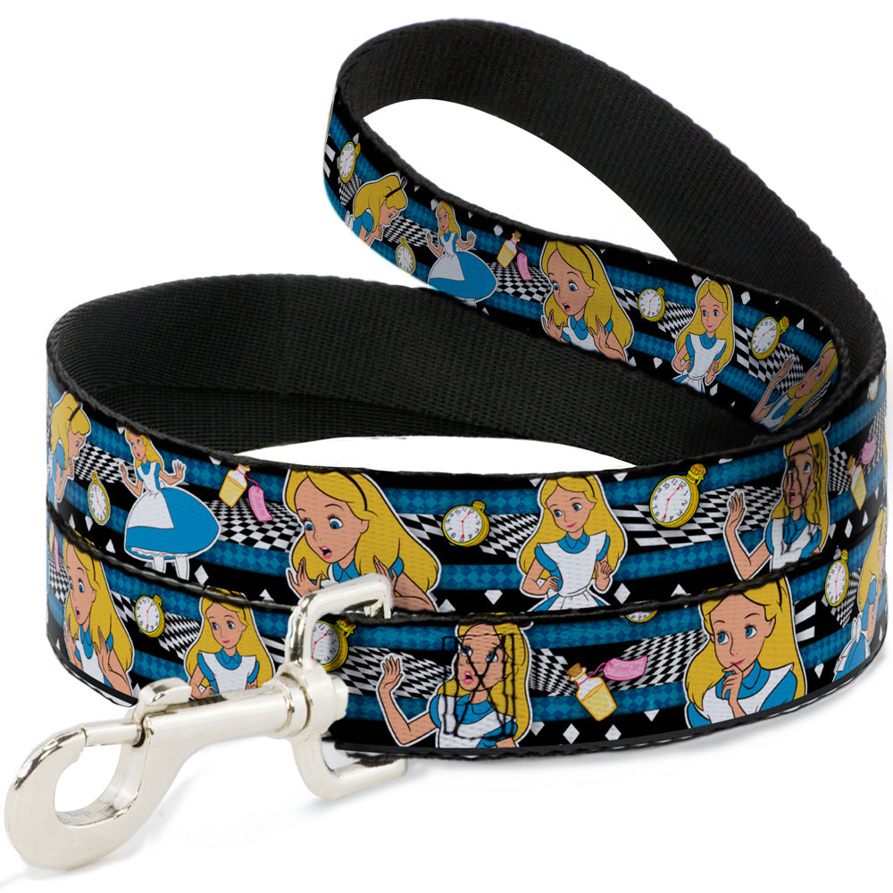 Dog Leash - Alice in Wonderland Poses/Clock/Bottle Diamond/Stripe Black/White/Blues
