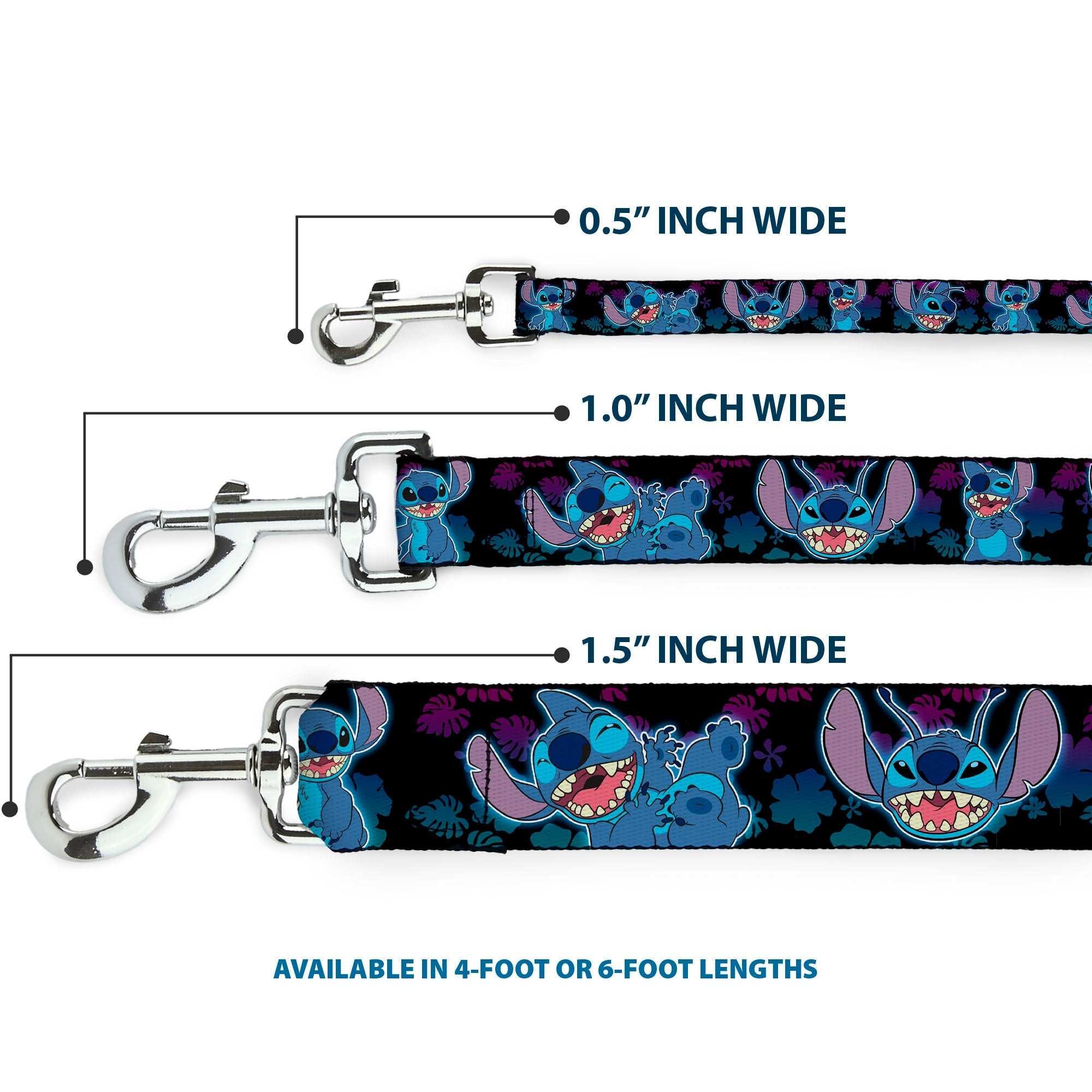Dog Leash - Stitch 2-Expressions/2-Poses Tropical Flora Black/Purple-Blue Fade 