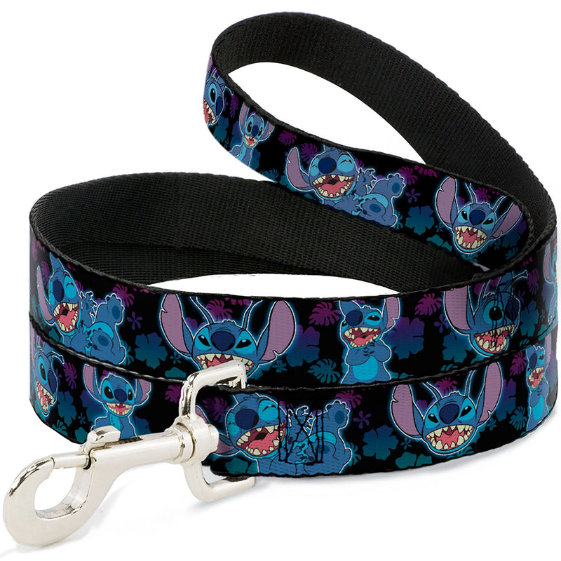 Dog Leash - Stitch 2-Expressions/2-Poses Tropical Flora Black/Purple-Blue Fade 