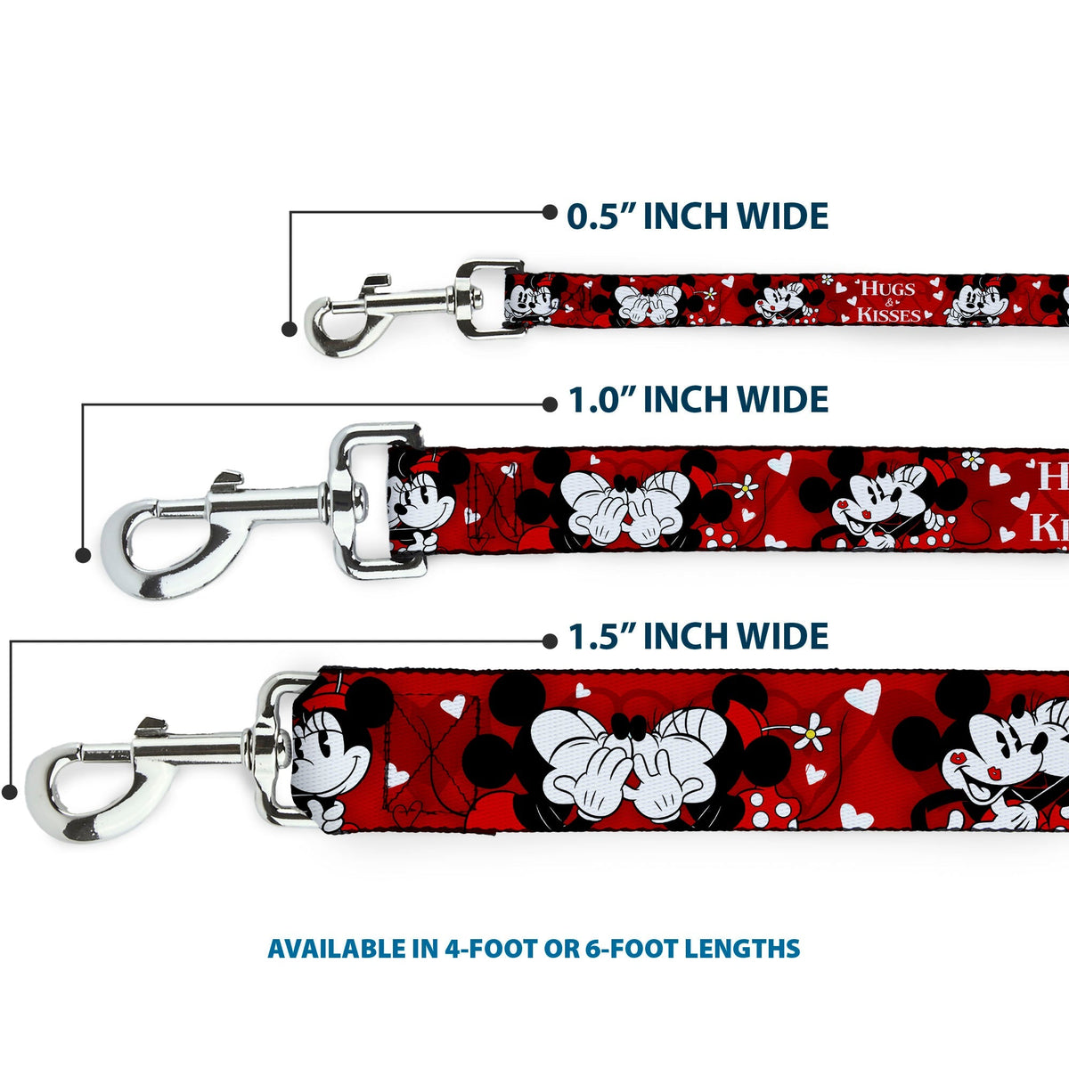 Dog Leash - Mickey & Minnie HUGS & KISSES Poses Reds/White 
