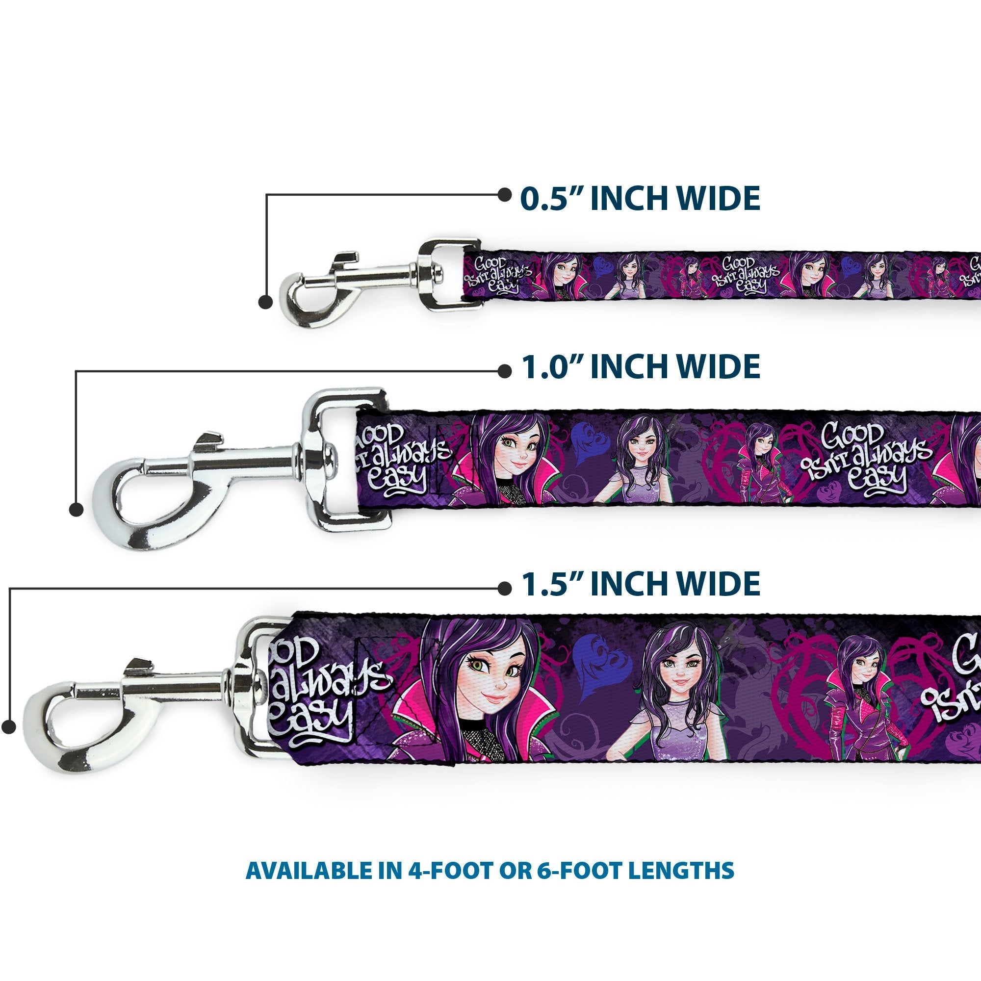 Dog Leash - Descendants Mal 3-Poses GOOD ISNT ALWAYS/Hearts/Dragons EASY Purples/Pinks