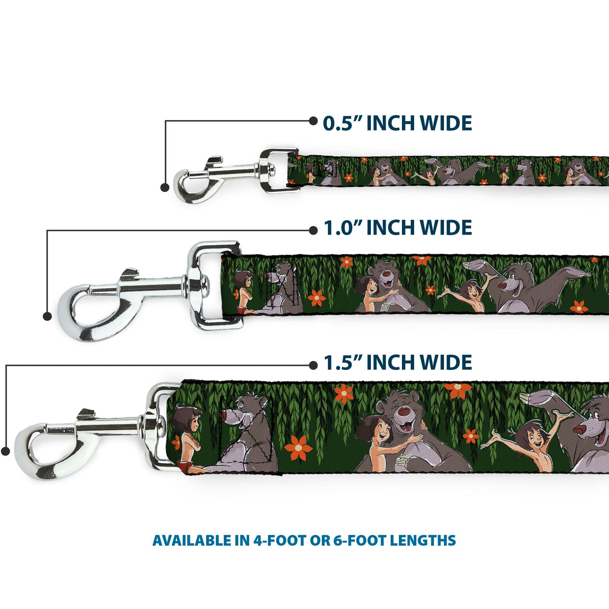 Dog Leash - Mowgli & Baloo 3-Poses Leaves/Flowers Greens/Orange