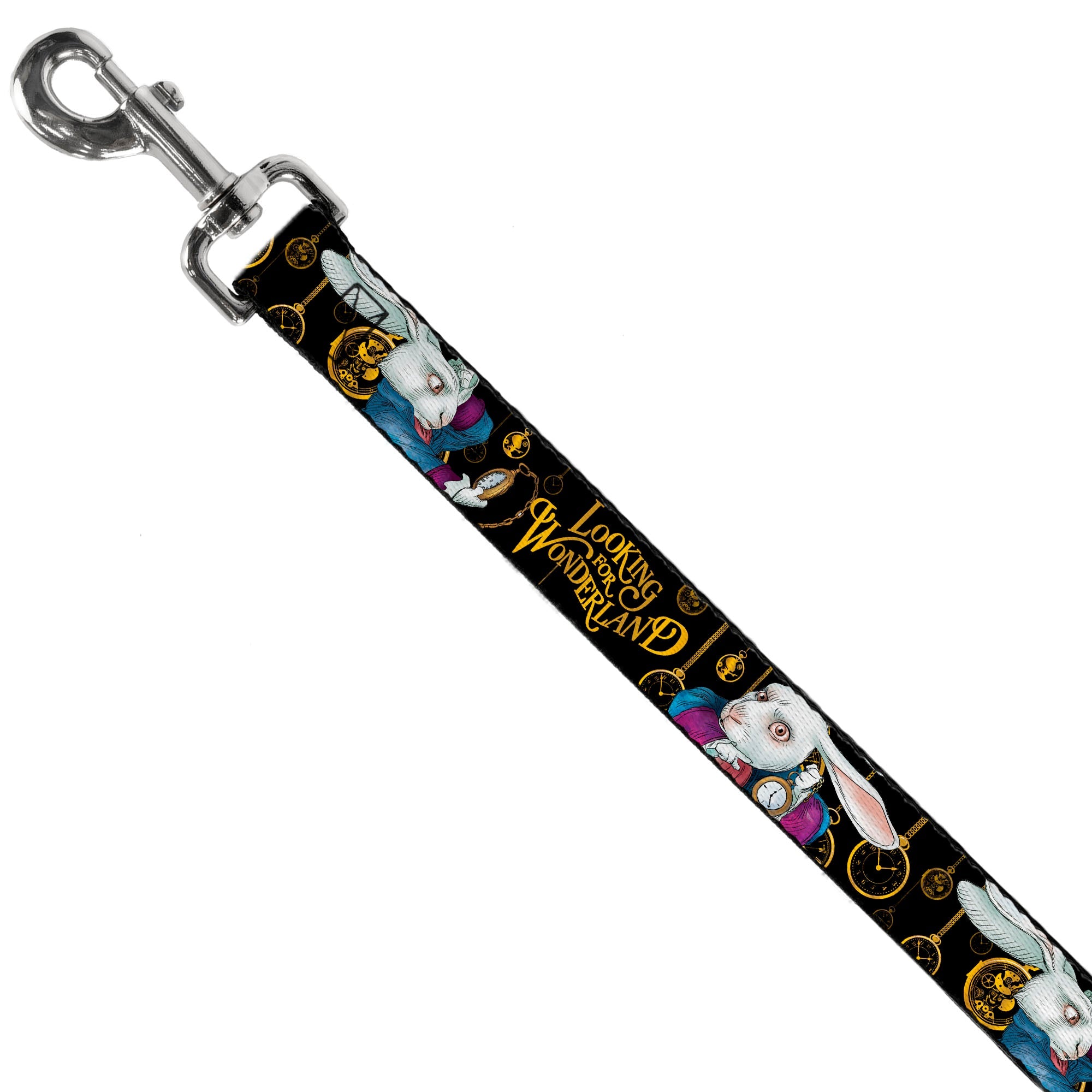 Dog Leash - White Rabbit Poses LOOKING FOR WONDERLAND/Clocks Black/Golds