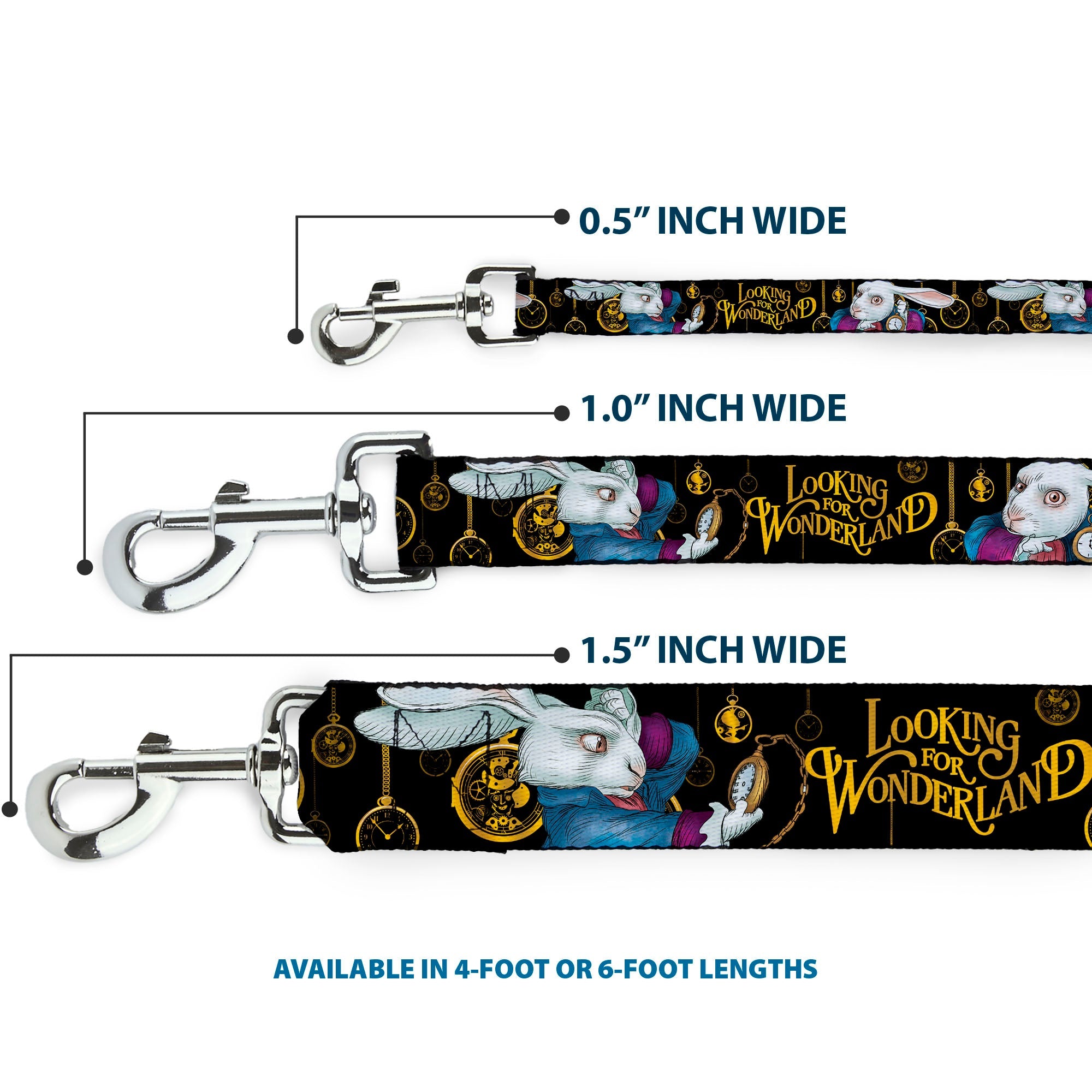 Dog Leash - White Rabbit Poses LOOKING FOR WONDERLAND/Clocks Black/Golds