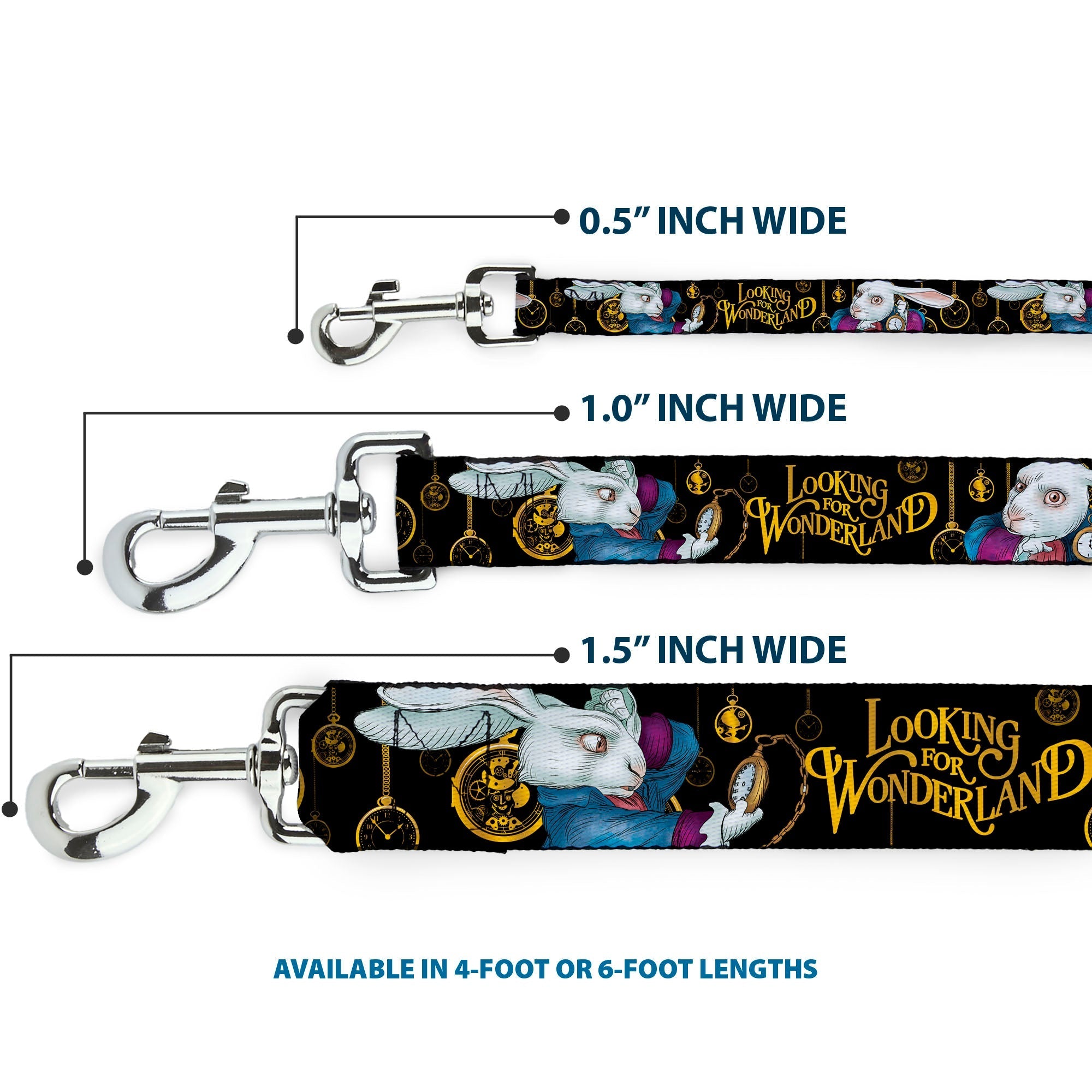 Dog Leash - White Rabbit Poses LOOKING FOR WONDERLAND/Clocks Black/Golds