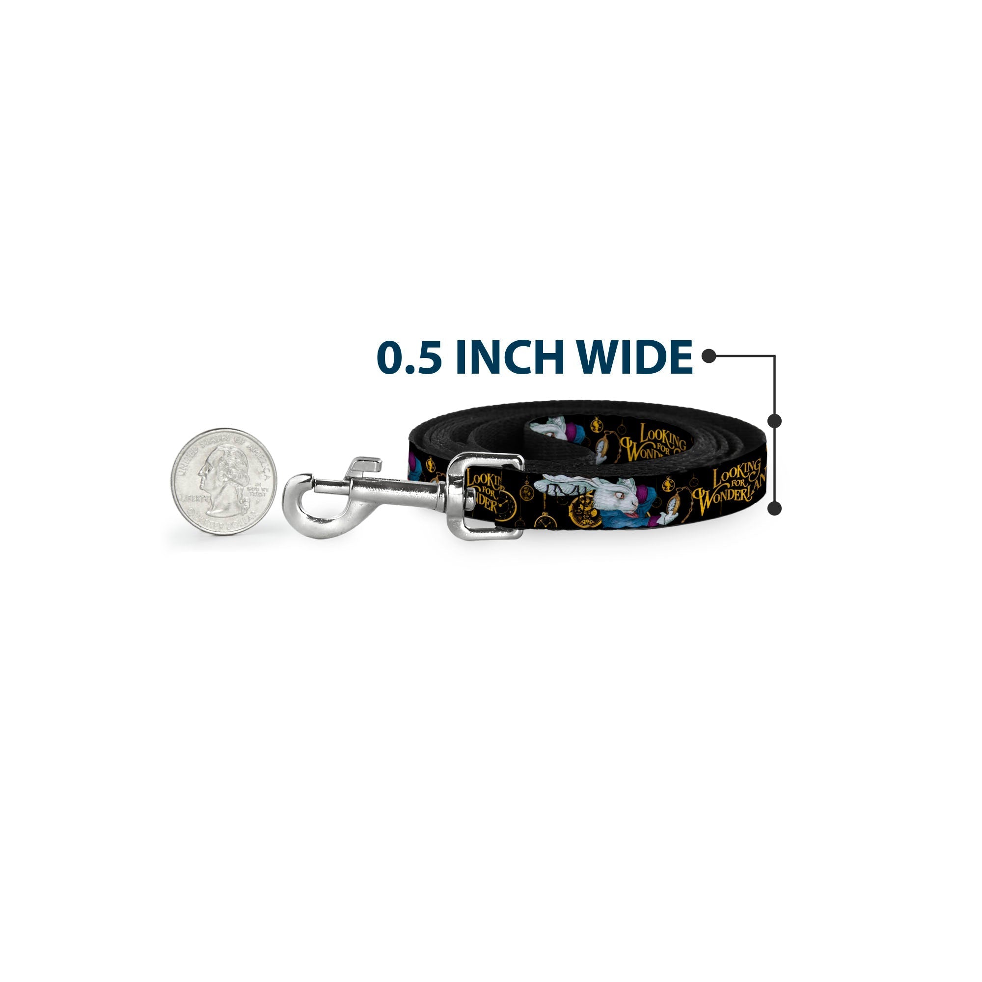 Dog Leash - White Rabbit Poses LOOKING FOR WONDERLAND/Clocks Black/Golds