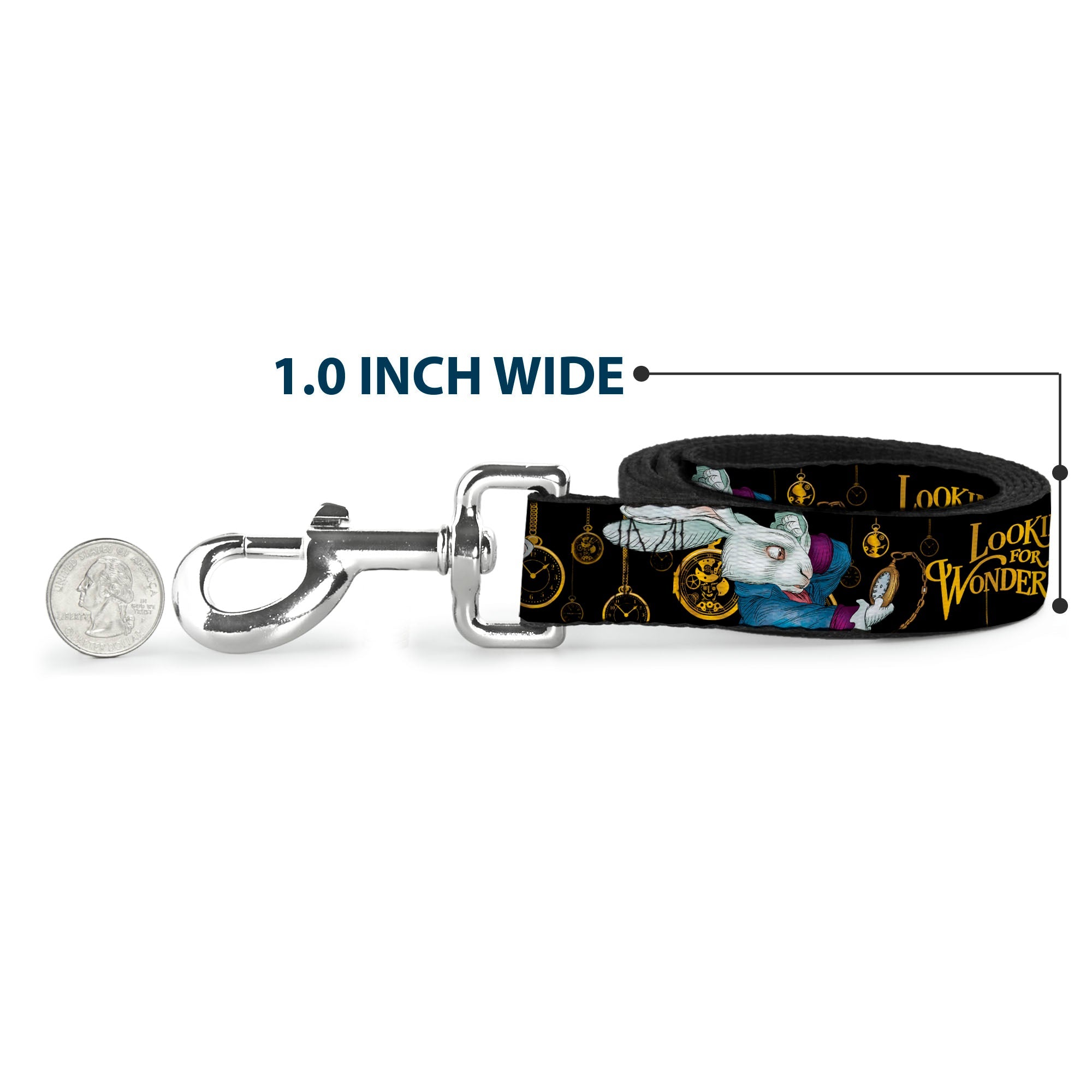 Dog Leash - White Rabbit Poses LOOKING FOR WONDERLAND/Clocks Black/Golds