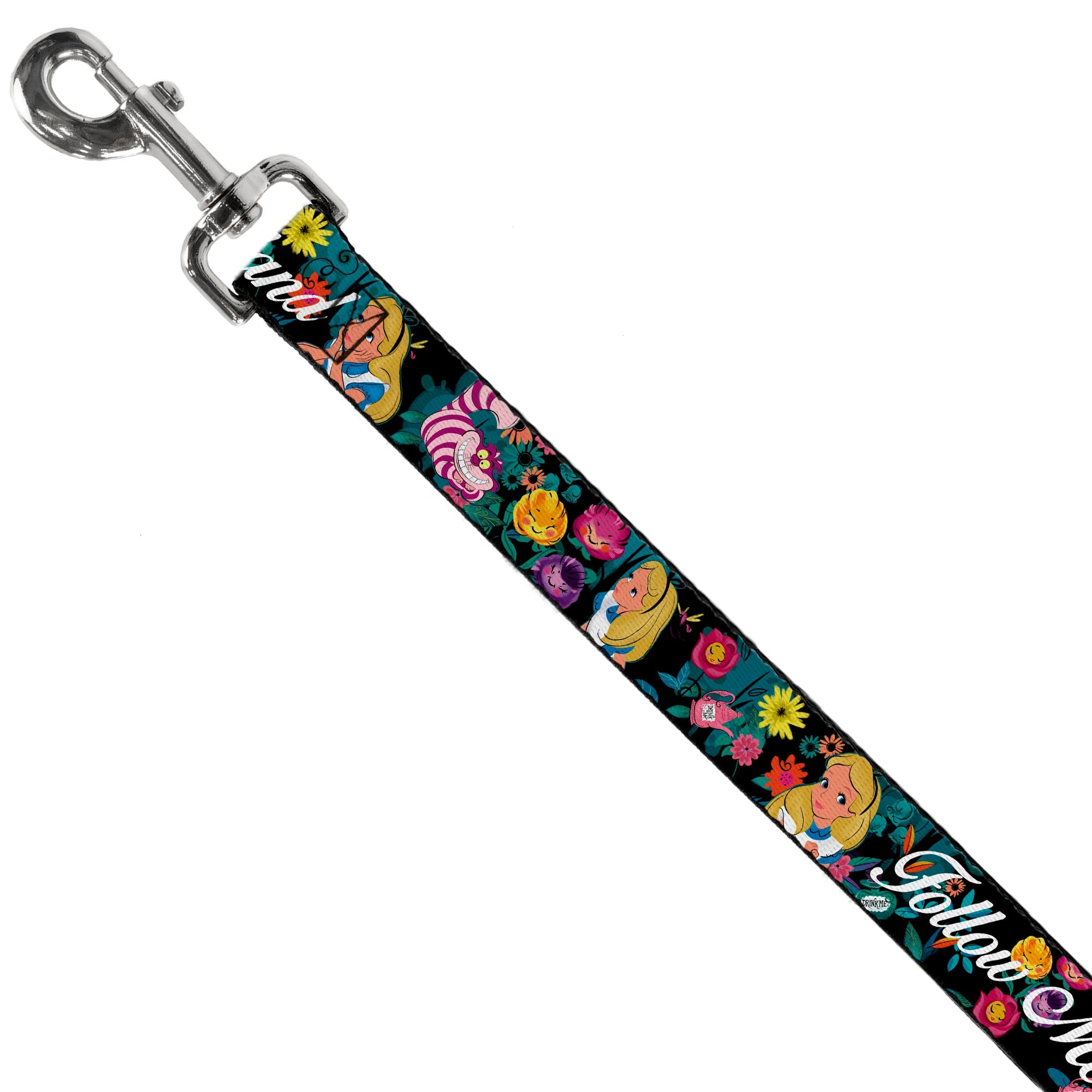Dog Leash - Alice/Cheshire Cat/Flowers Poses2/FOLLOW ME TO WONDERLAND Black/Multi Color/White