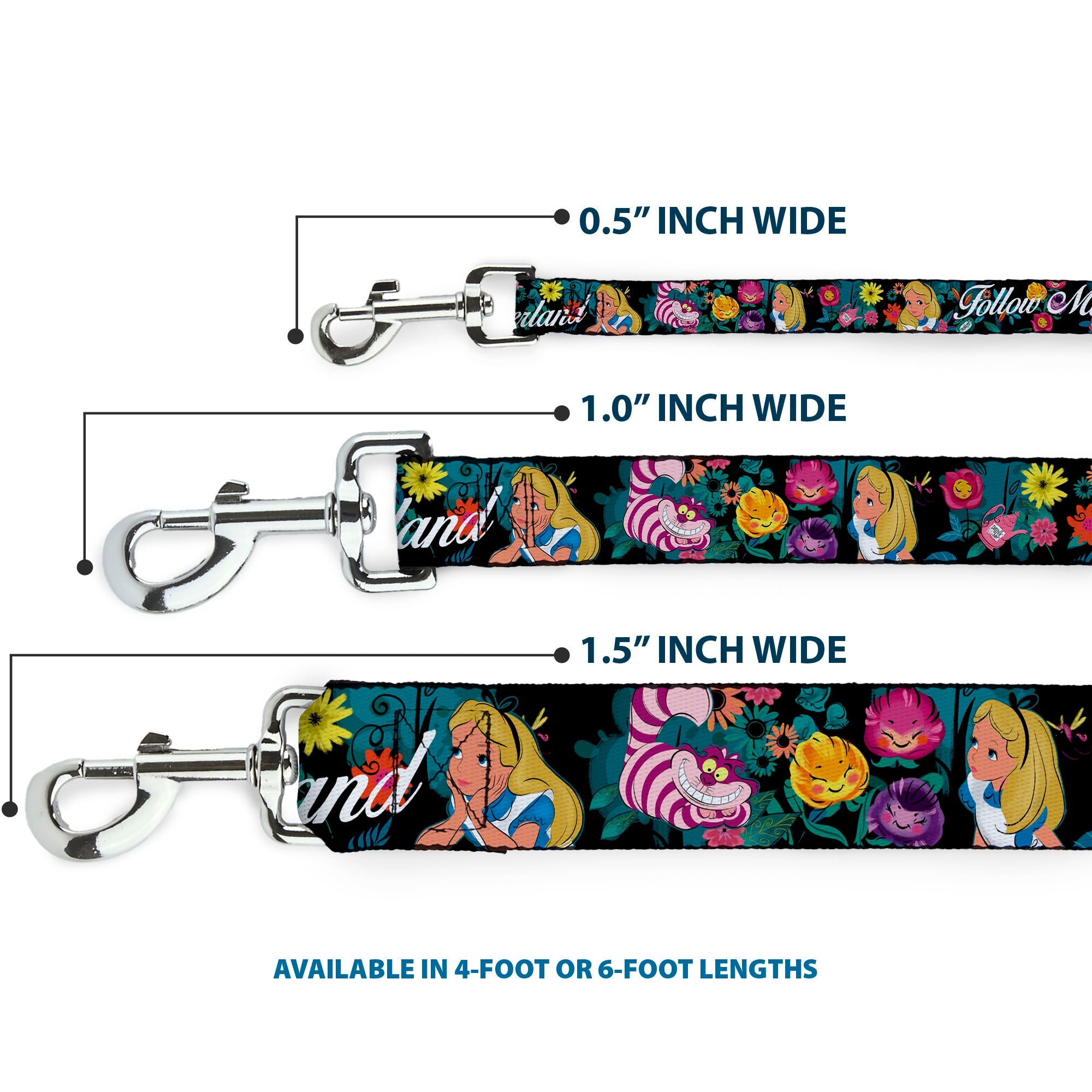 Dog Leash - Alice/Cheshire Cat/Flowers Poses2/FOLLOW ME TO WONDERLAND Black/Multi Color/White
