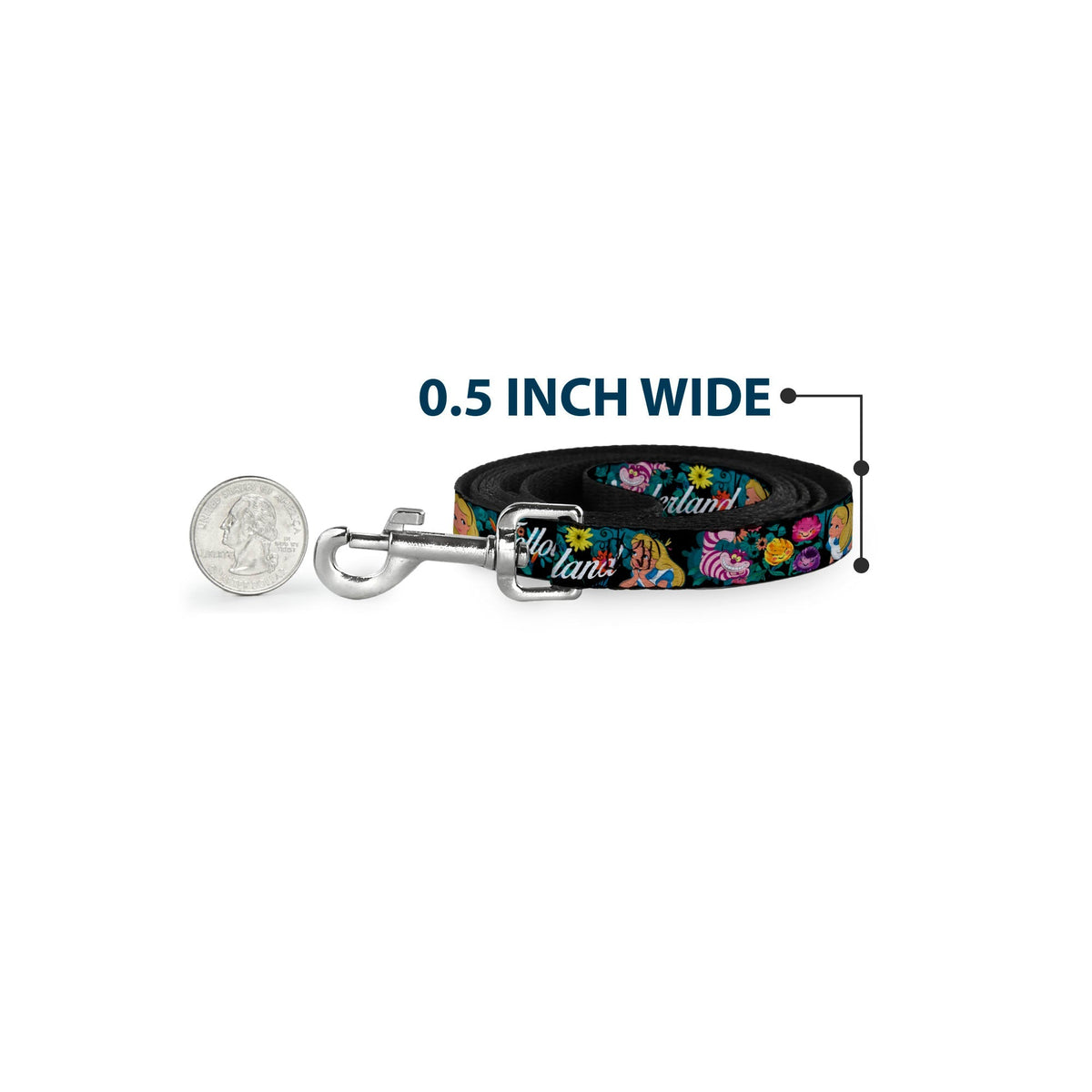 Dog Leash - Alice/Cheshire Cat/Flowers Poses2/FOLLOW ME TO WONDERLAND Black/Multi Color/White 