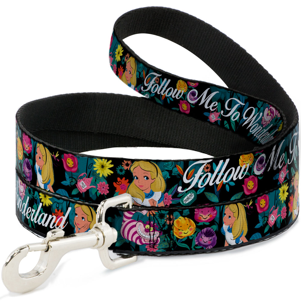 Dog Leash - Alice/Cheshire Cat/Flowers Poses2/FOLLOW ME TO WONDERLAND Black/Multi Color/White 