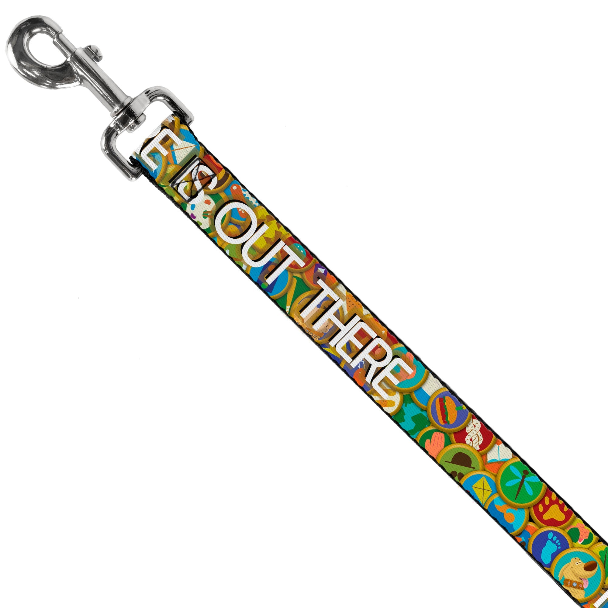Dog Leash - ADVENTURE IS OUT THERE/Stacked Wilderness Explorer Badges Tan/Multi Color/White - HT Animal Supply